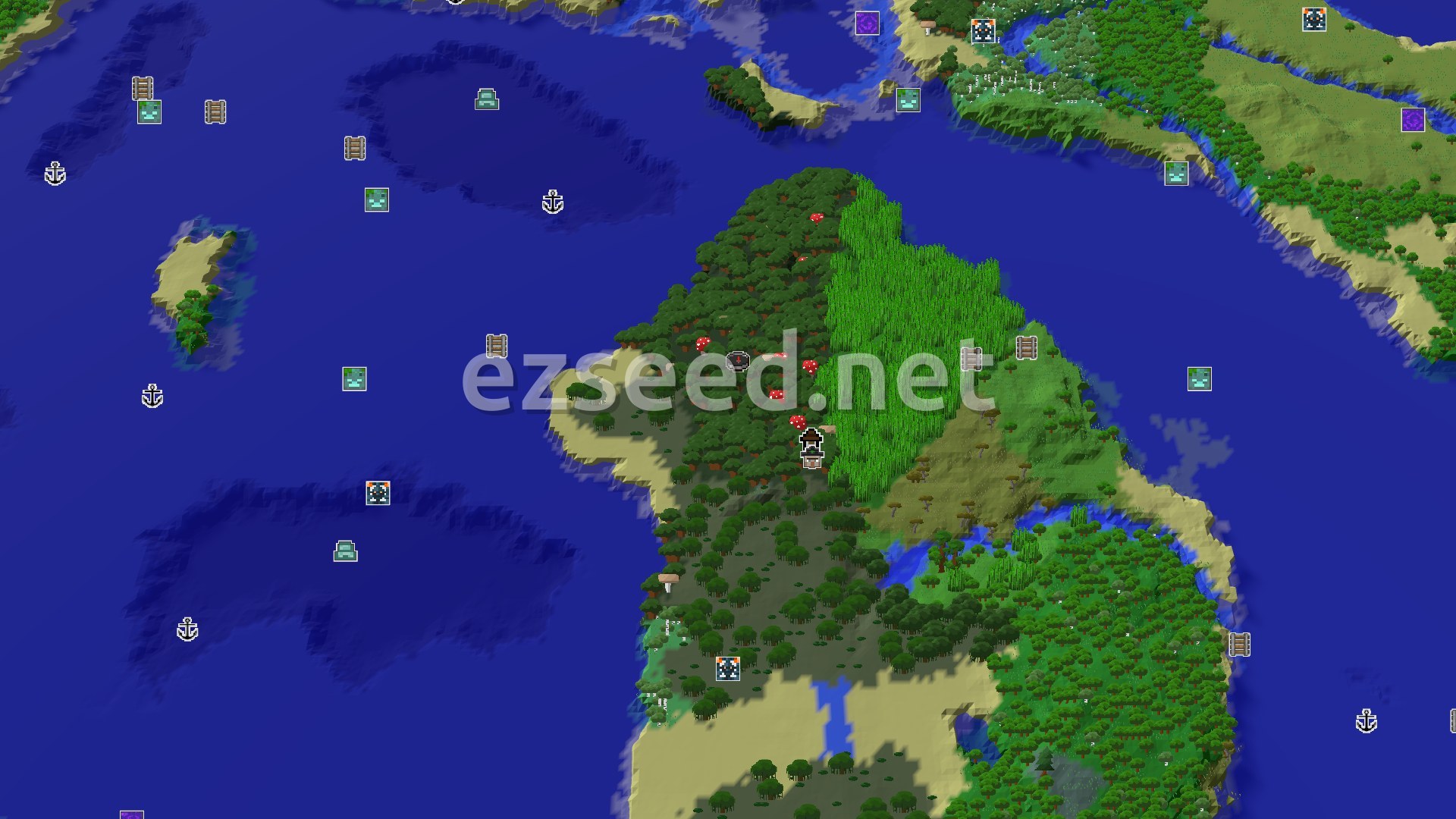 Aerial Minecraft seed map — Dark Forest Island with a Nearby Woodland Mansion
