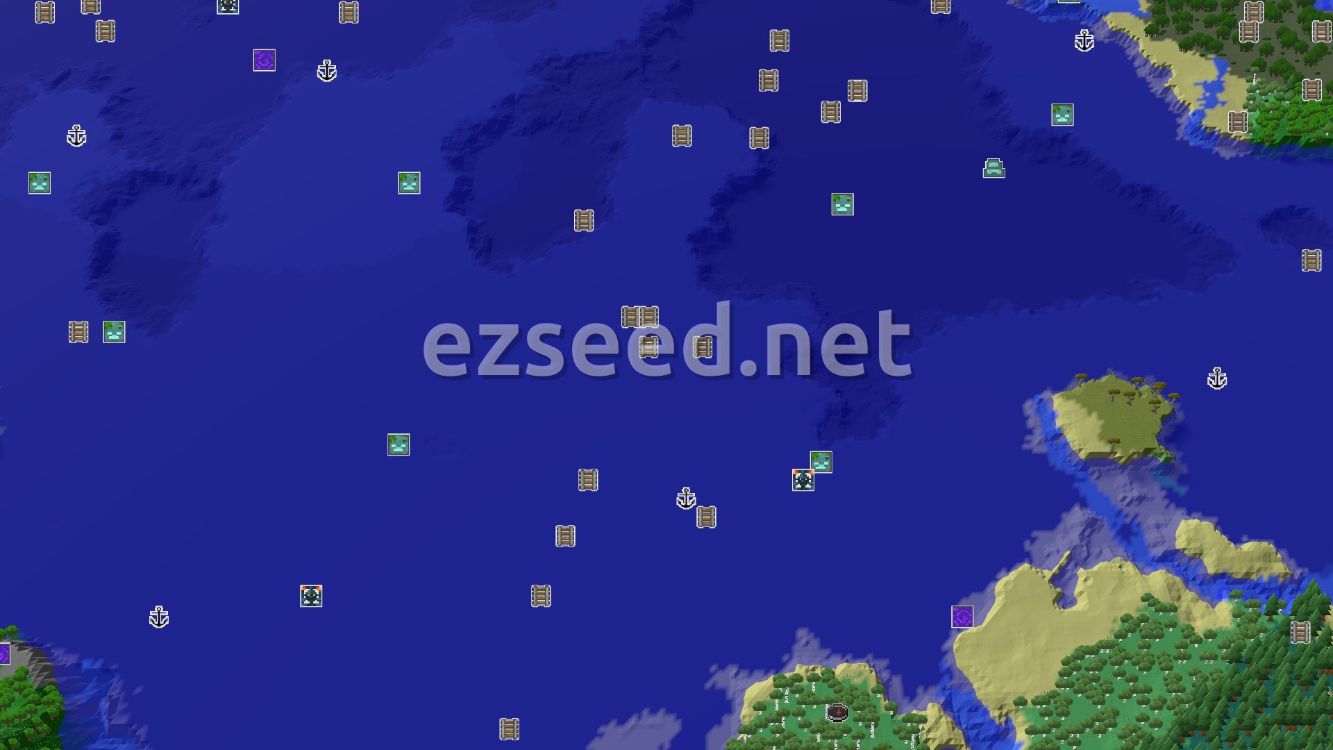 Aerial Minecraft seed map — Birch Forest Spawn with Nearby Trials and Ocean Adventures