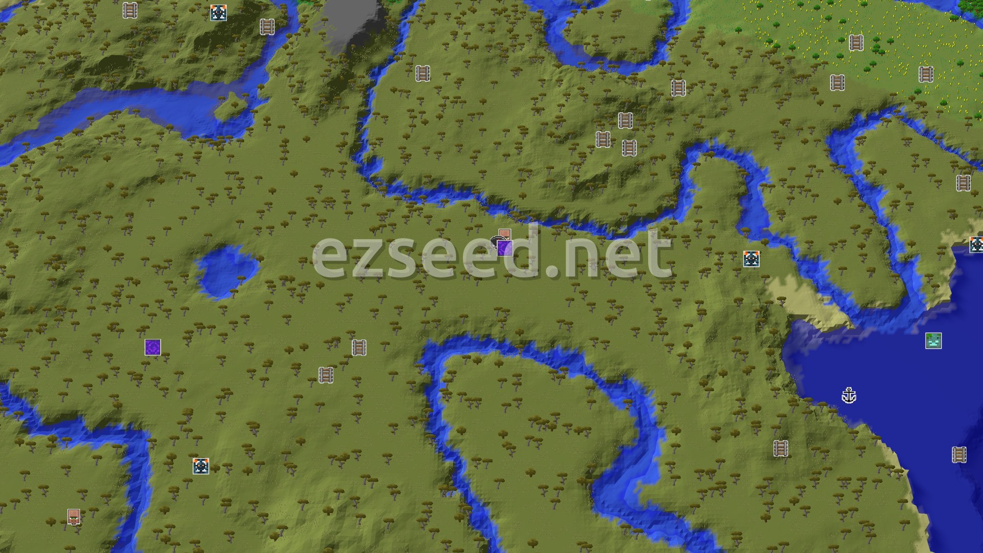 Aerial Minecraft seed map — Savanna Spawn with a Close Village and Portal