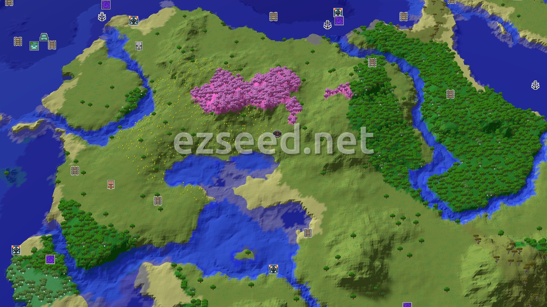 Aerial Minecraft seed map — Spawn Near a Cherry Grove and Buried Treasure