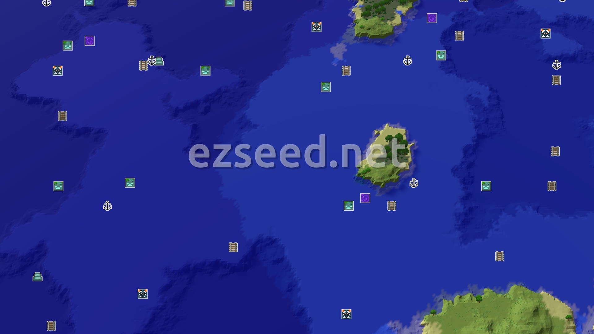 Aerial Minecraft seed map — A Swamp Spawn with Coastal Exploration and Nearby Trials