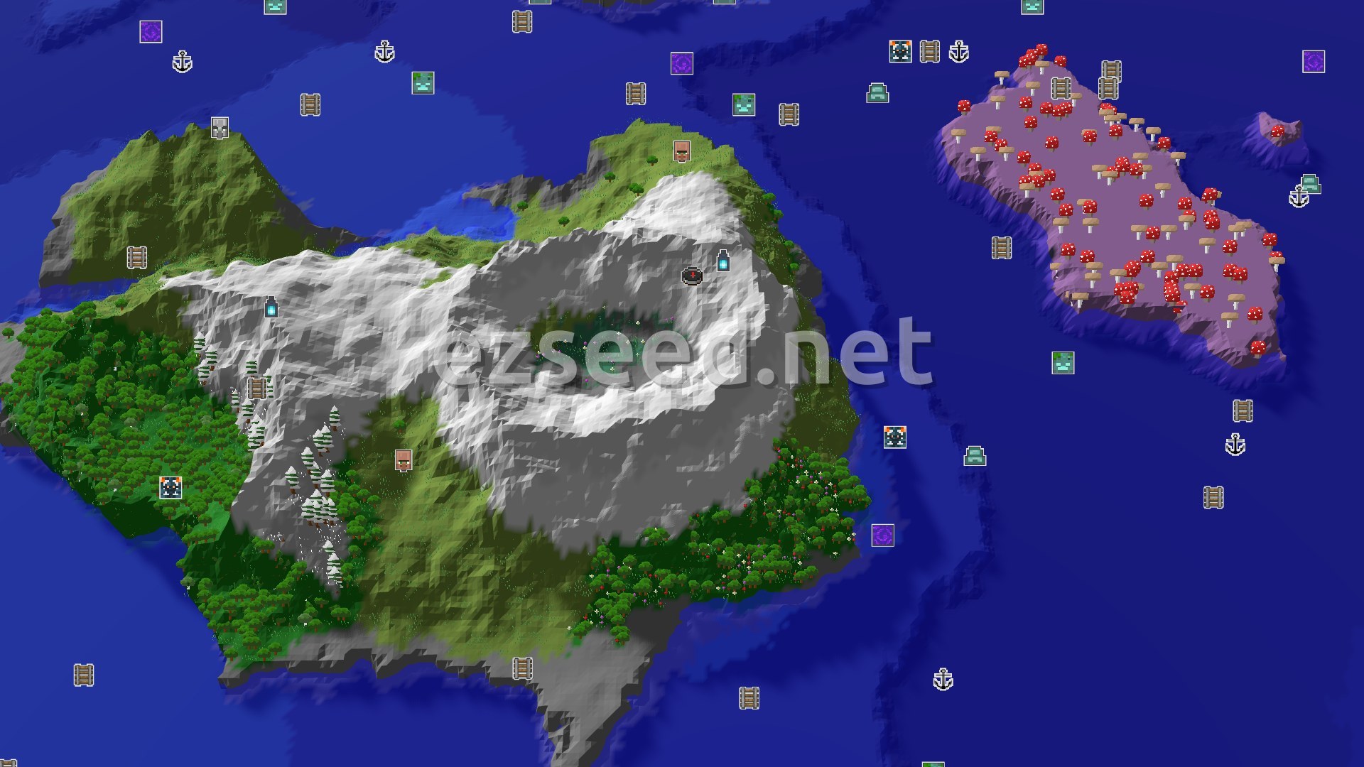 Aerial Minecraft seed map — Spawn Near a Giant Mountain and Mushroom Fields
