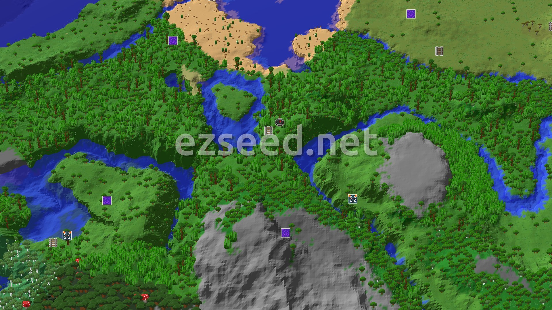 Aerial Minecraft seed map — Jungle Spawn with Nearby Treasures and Peaks