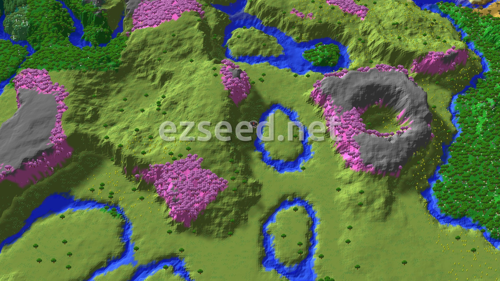 Aerial Minecraft seed map — Cherry Grove and Village at Spawn