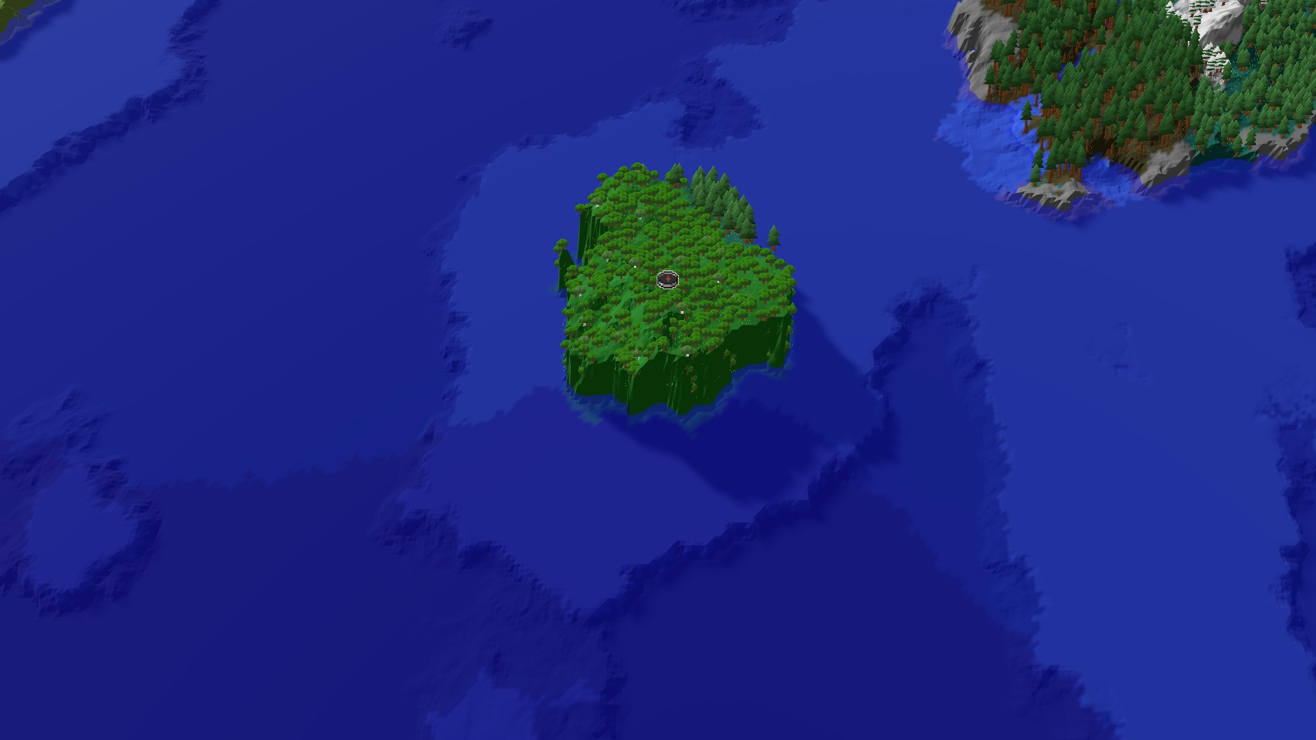 Aerial Minecraft seed map — Spawn on a Forest Island in a Vast Cold Ocean