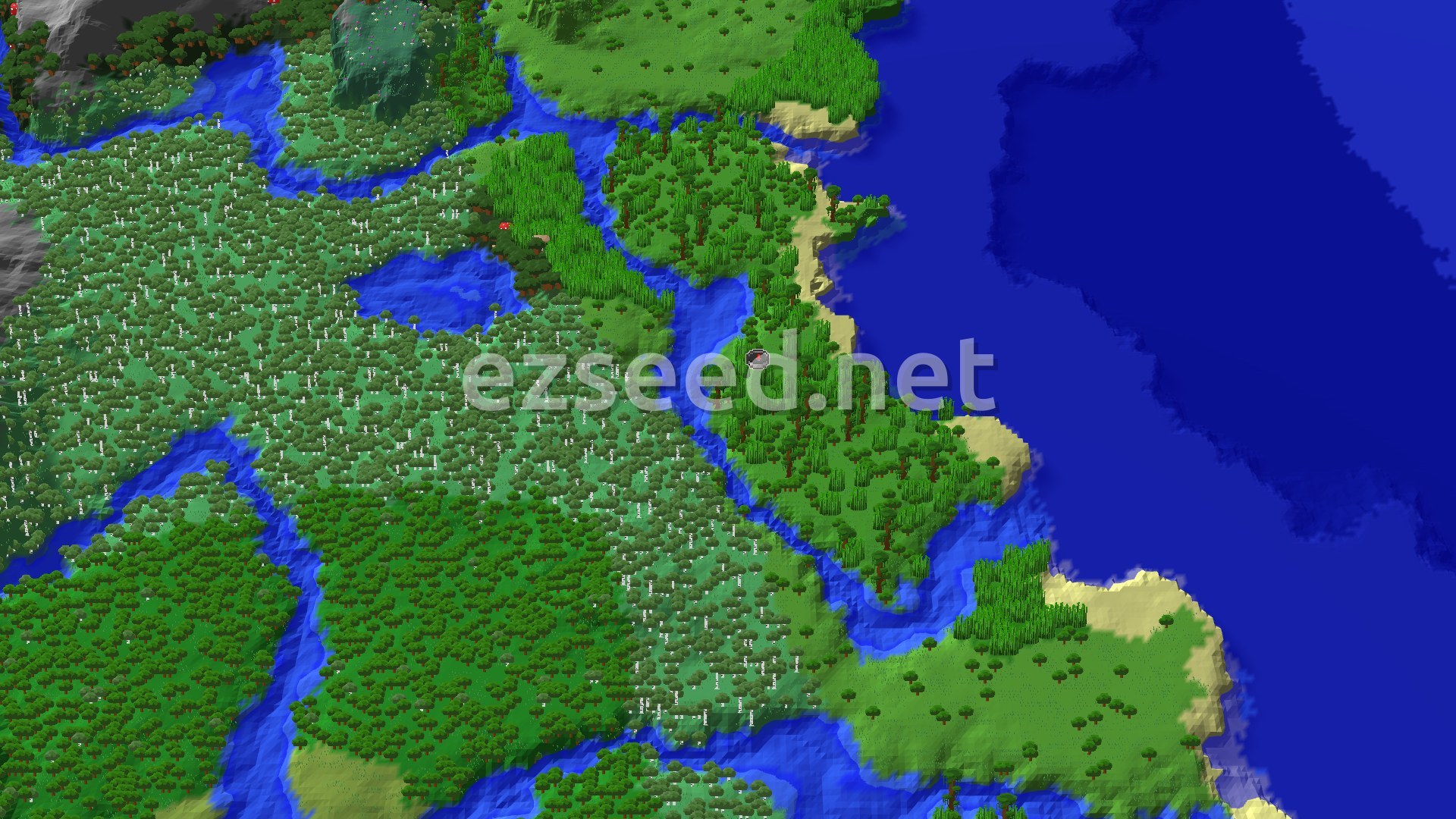 An aerial view of a dense jungle landscape with rivers winding through it, leading to a coastline and ocean. Birch forests are also visible.