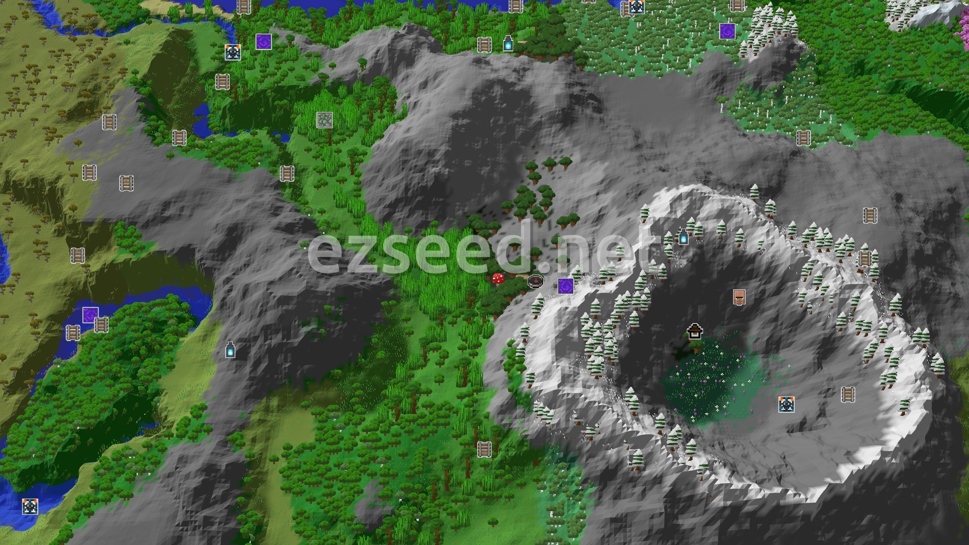 Aerial Minecraft seed map — Dark Forest Spawn with Nearby Jungle and Jagged Peaks