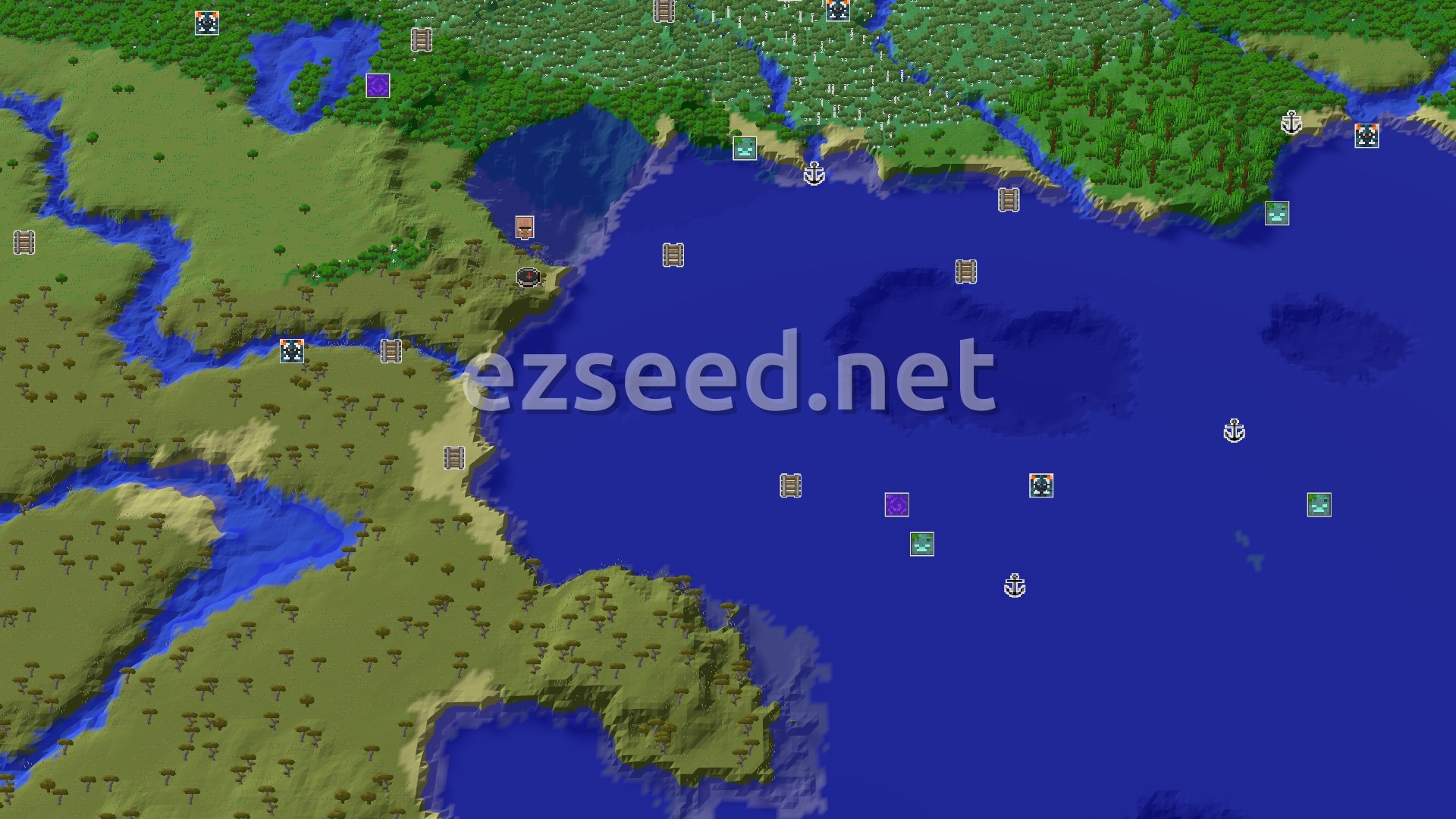 Aerial Minecraft seed map — Savanna Spawn with a Close Trial Chambers and Village