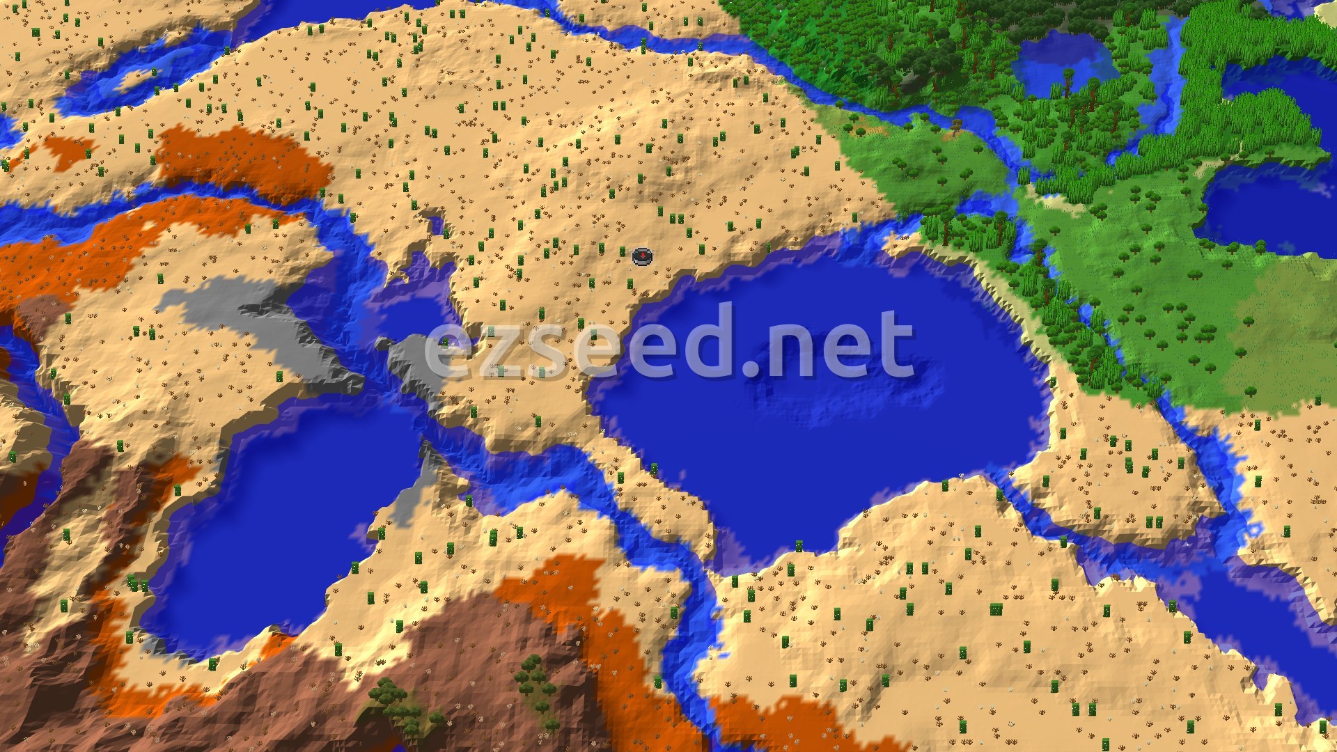 Aerial Minecraft seed map — Desert Spawn with Nearby Badlands and Jungle