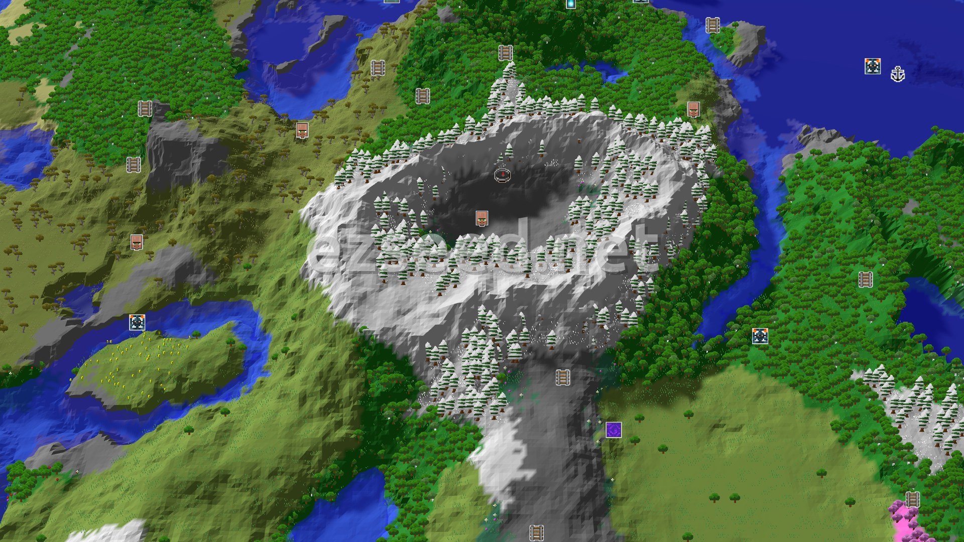 Aerial Minecraft seed map — Spawn in a Meadow, Mountains and Mineshafts Nearby
