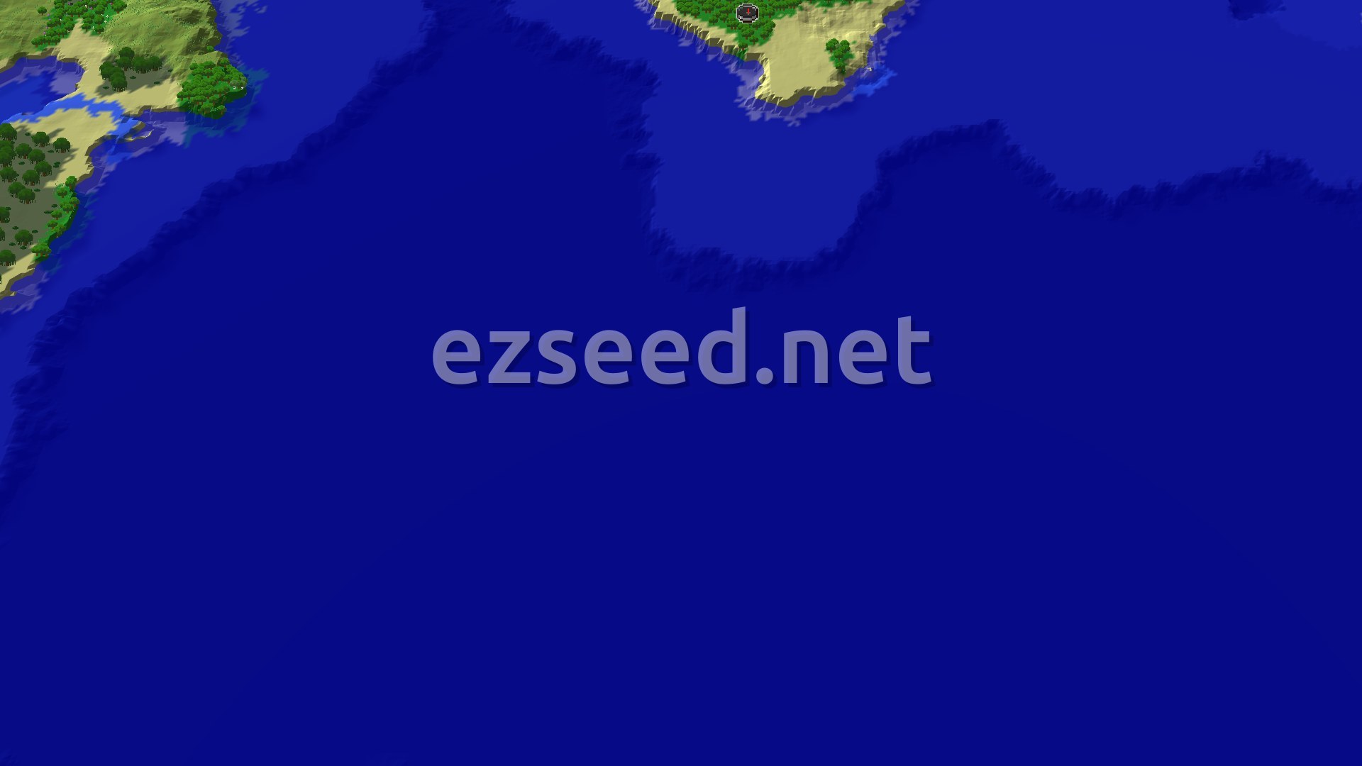 An aerial view of a forested coastline with a small spawn marker in the center. The ocean stretches out to the right, with a smaller landmass visible in the upper left.