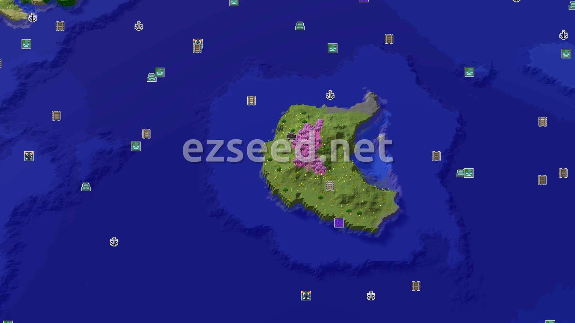 Aerial Minecraft seed map — An Island Start with a Nearby Cherry Grove