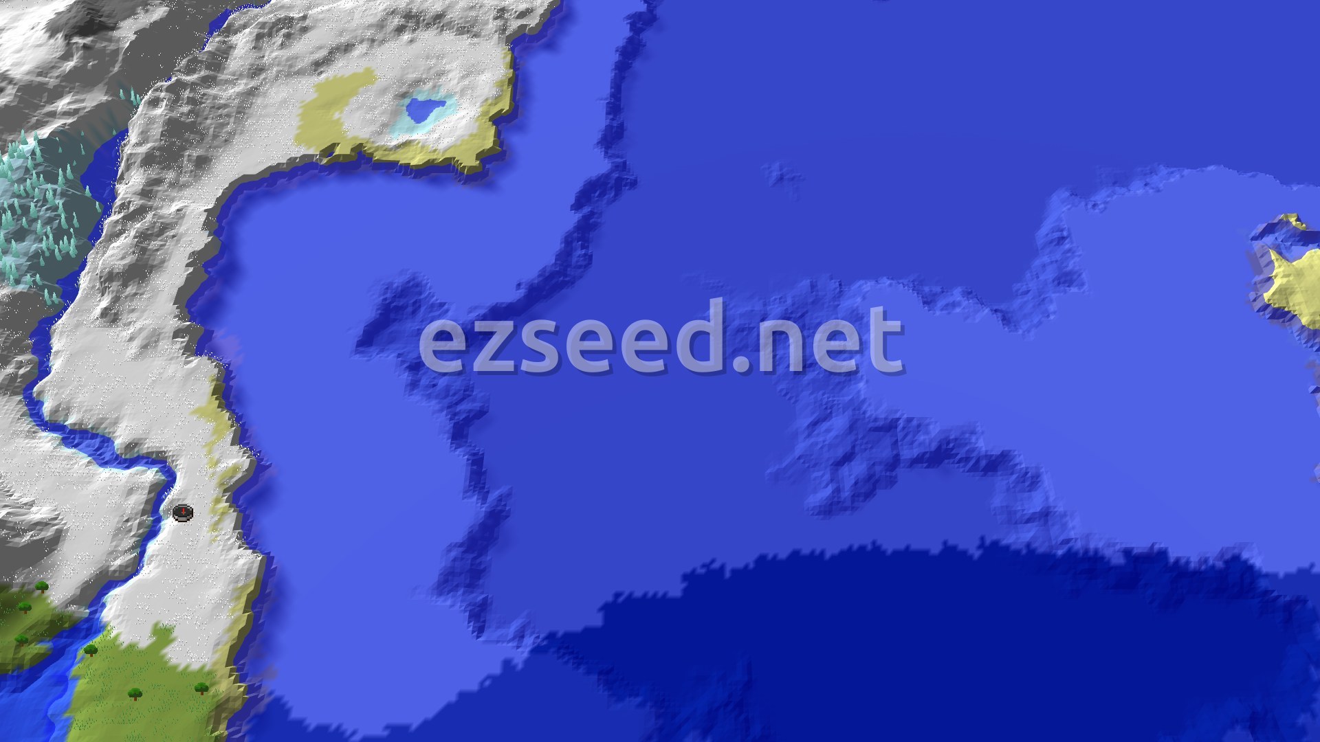 A bird's eye view of a snowy, mountainous terrain bordering a large frozen ocean, with a small spawn marker on a snowy plain.