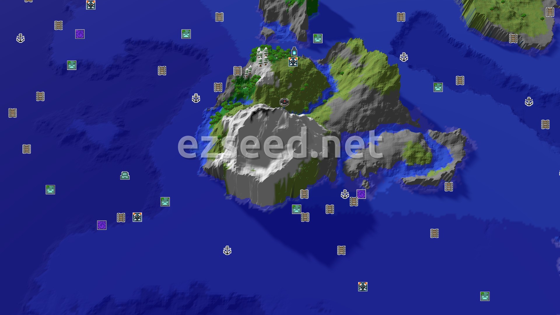 Aerial Minecraft seed map — Spawn on Jagged Peaks with an Ancient City Nearby
