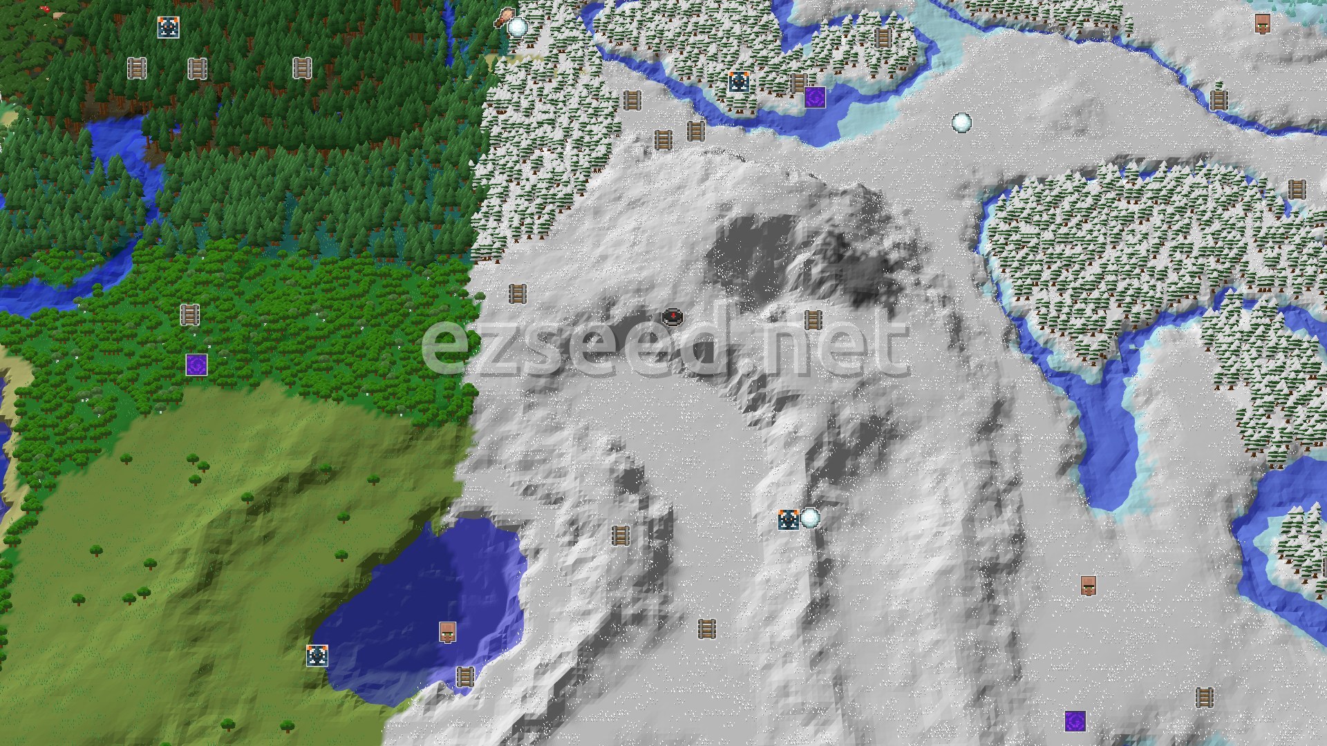 Aerial Minecraft seed map — Snowy Plains Start with Close Trials and Igloo