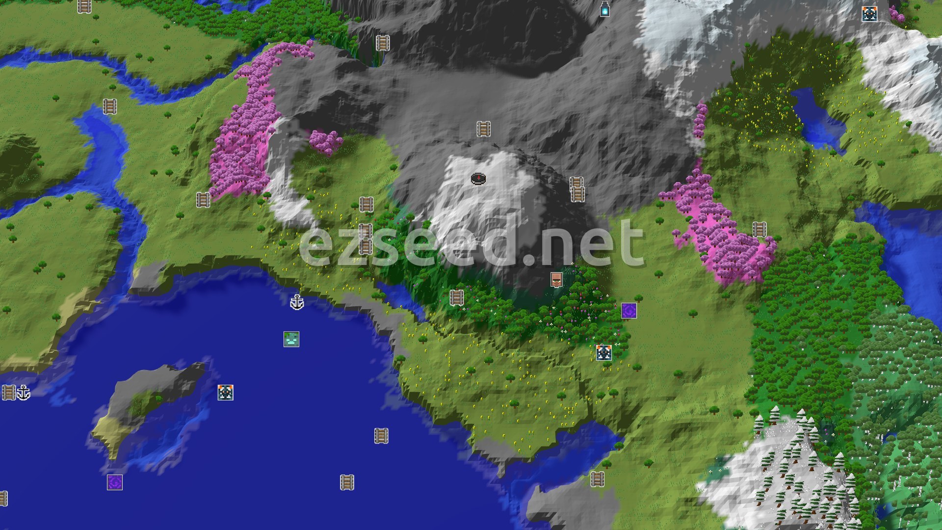 Aerial Minecraft seed map — A Jagged Peaks Spawn with Nearby Cherry Groves
