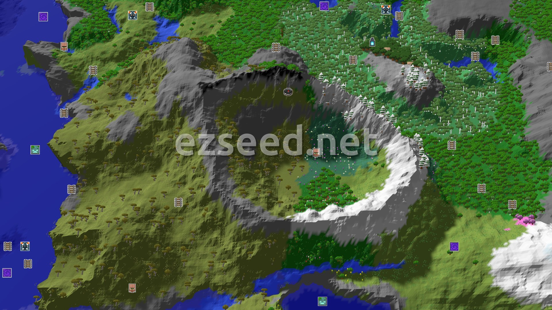 Aerial Minecraft seed map — Savanna Plateau Spawn with Nearby Peaks and Villages