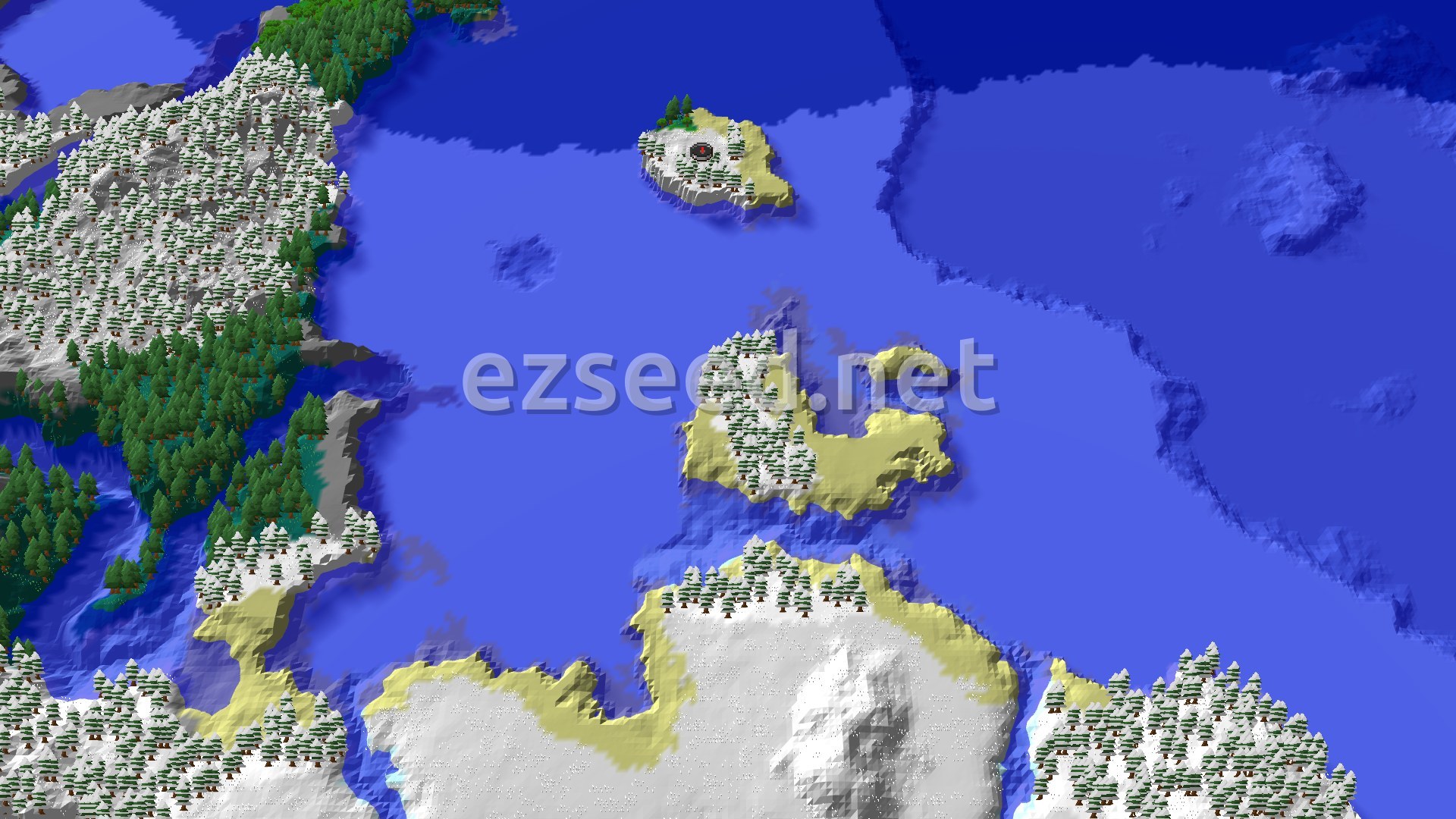Aerial Minecraft seed map — Spawn in a Snowy Taiga with Nearby Ancient City