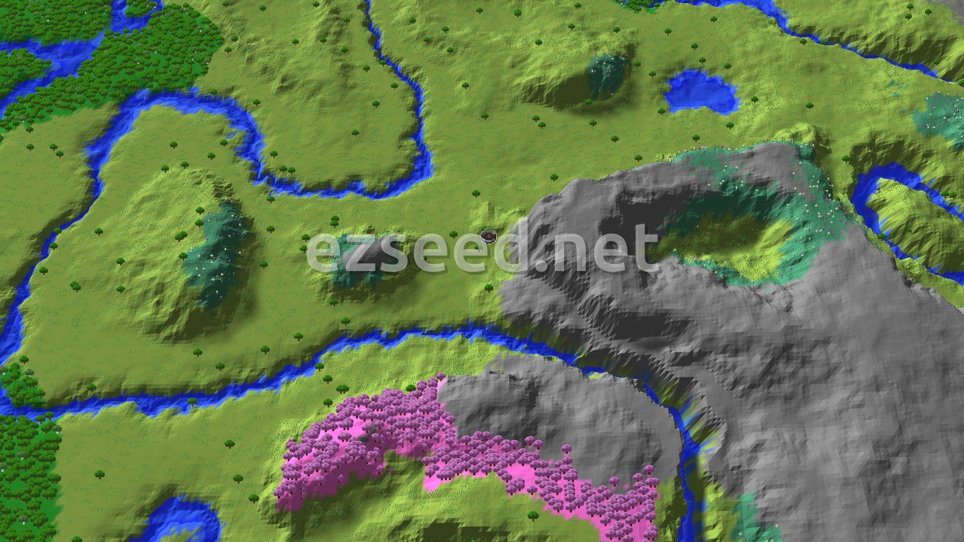 Aerial Minecraft seed map — Cherry Grove and Village at Spawn