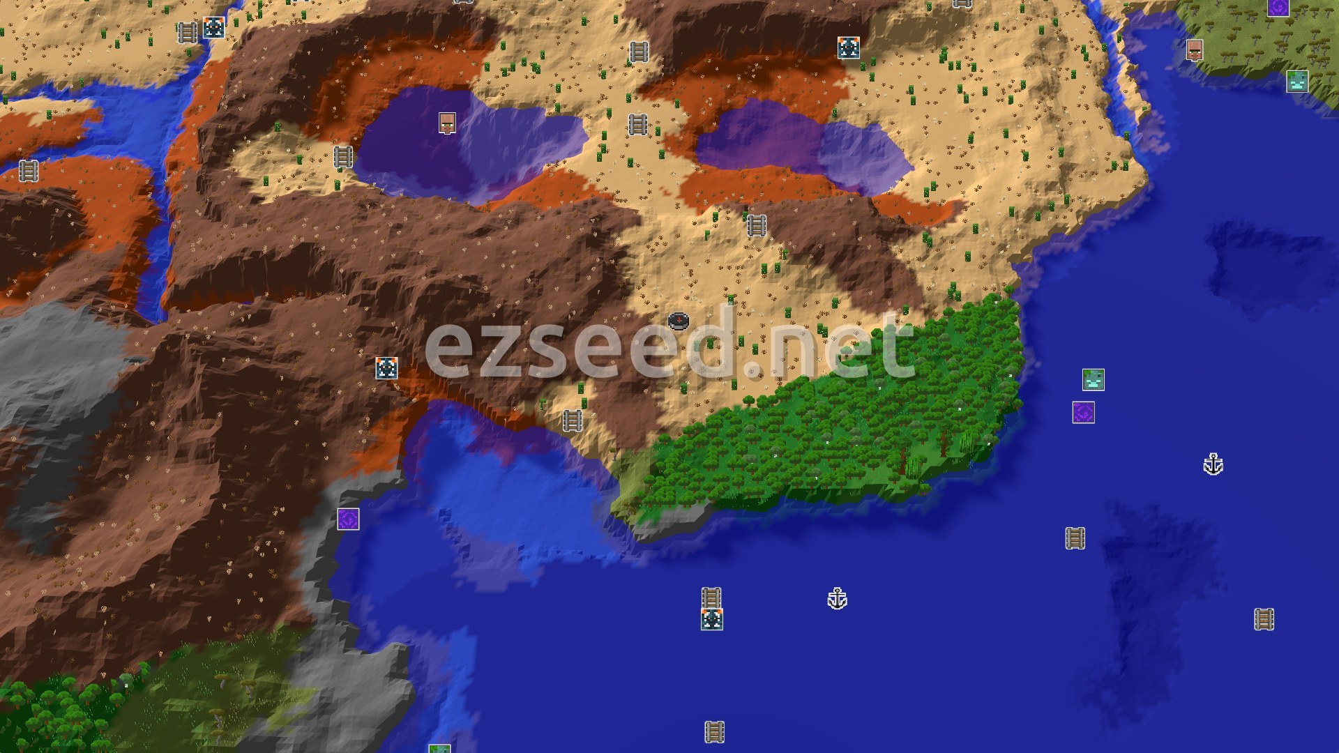 Aerial Minecraft seed map — Desert Spawn with Nearby Badlands and Jungles