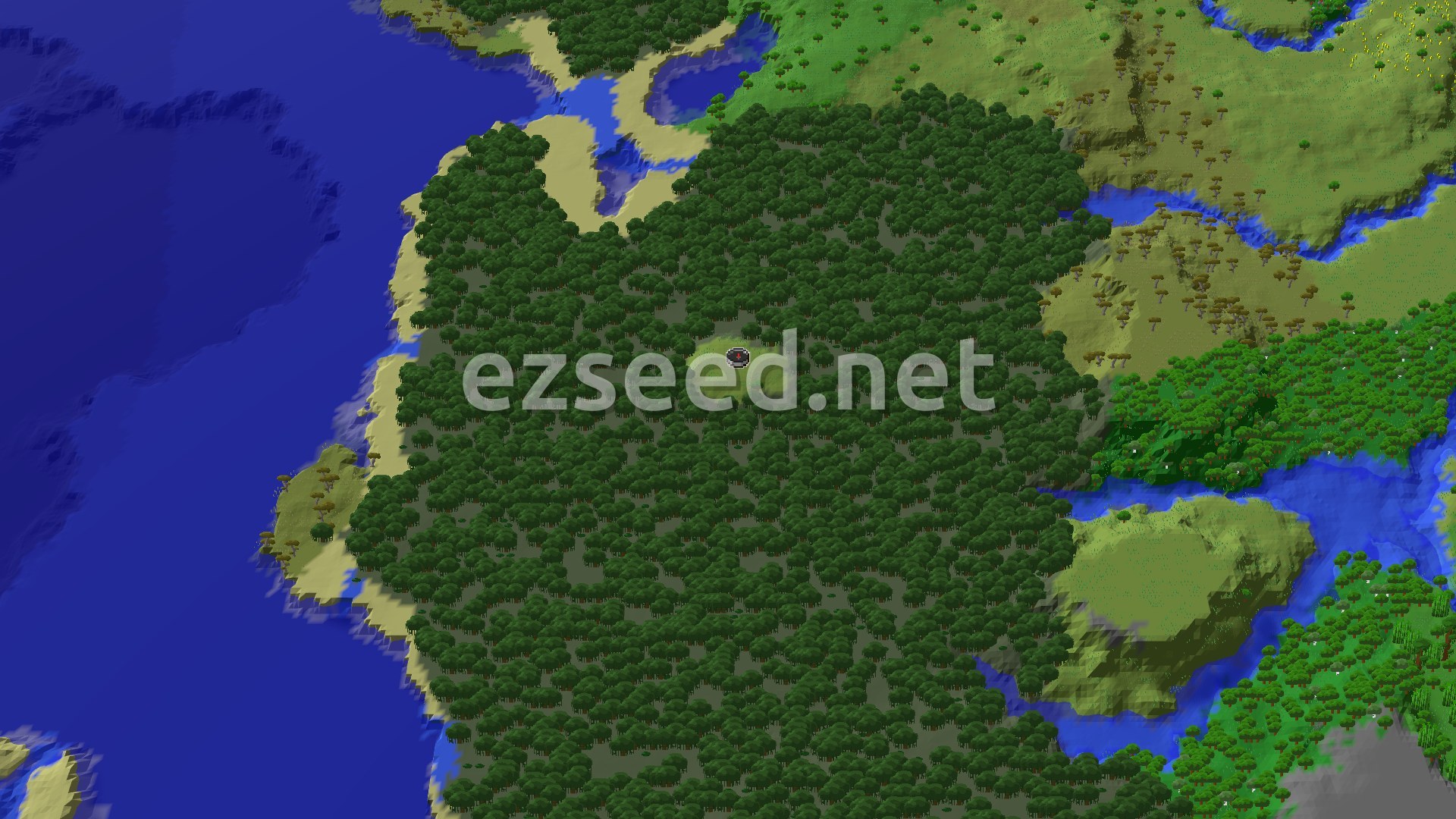 A bird's-eye view of a varied landscape, showing a mix of flat plains, dense jungle, and scattered water bodies around the spawn point.