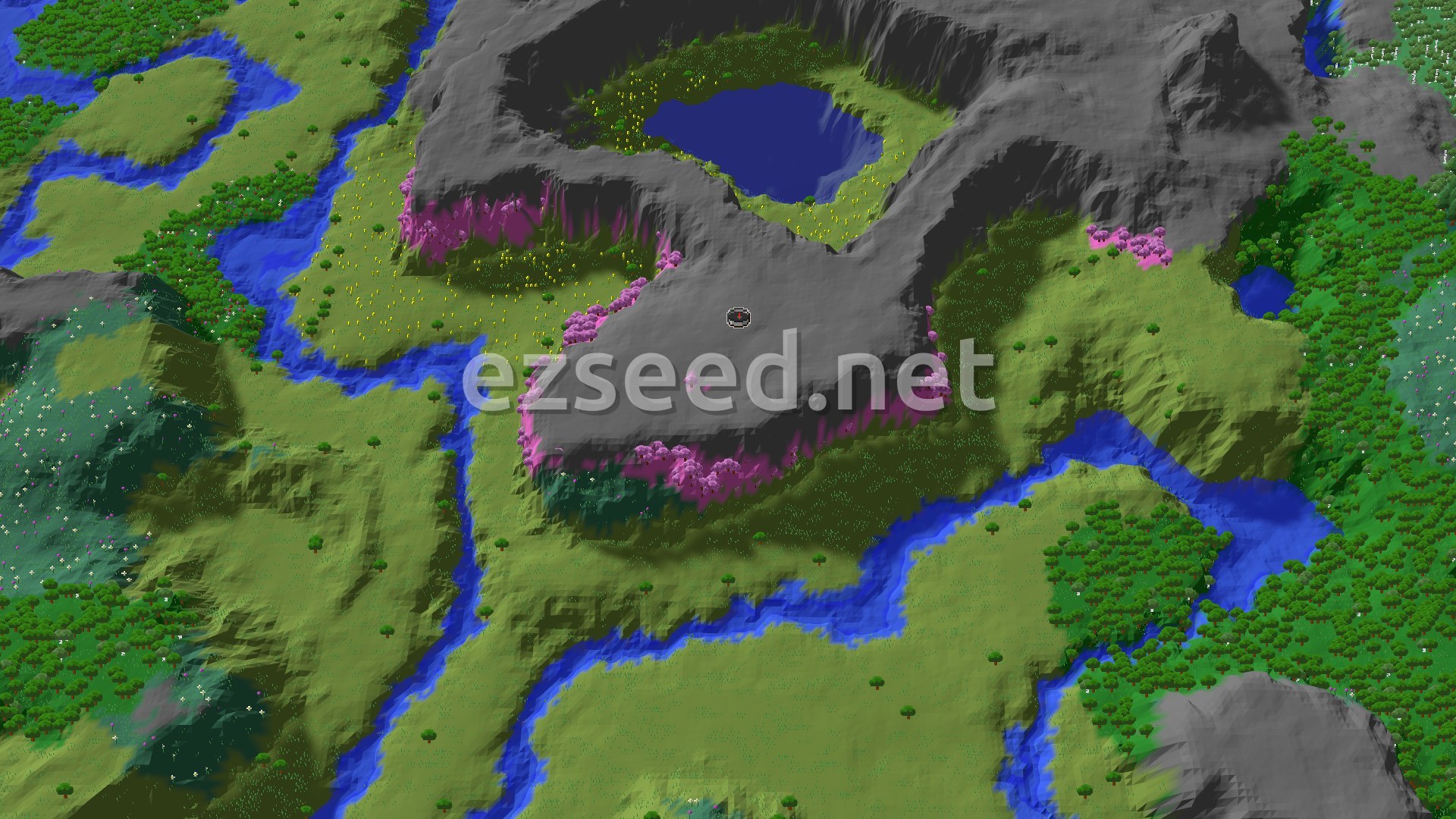 Aerial Minecraft seed map — Cherry Grove Spawn with Nearby Trial Chambers