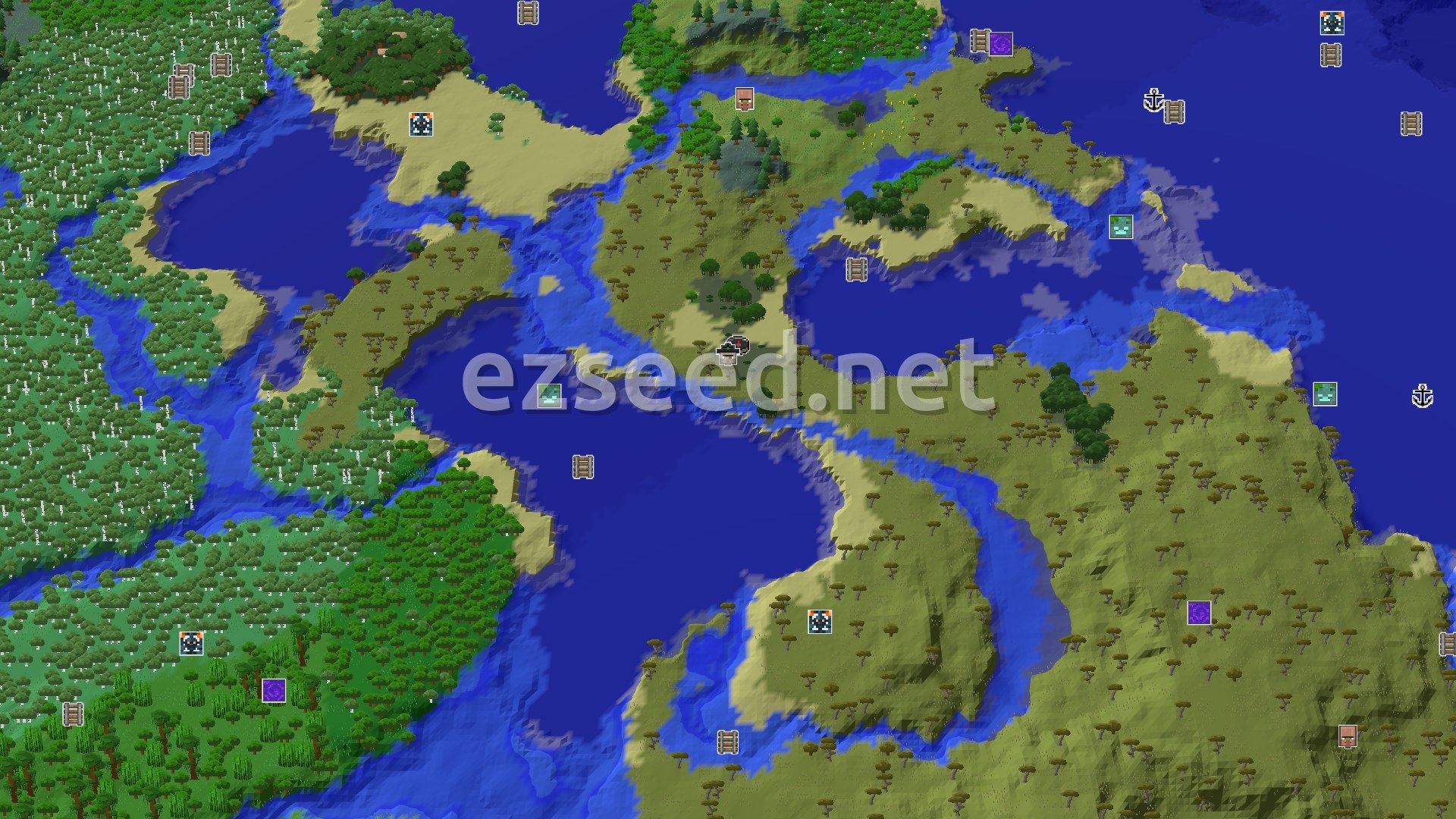 Aerial Minecraft seed map — Swamp Hut at Spawn in a Varied Coastal World