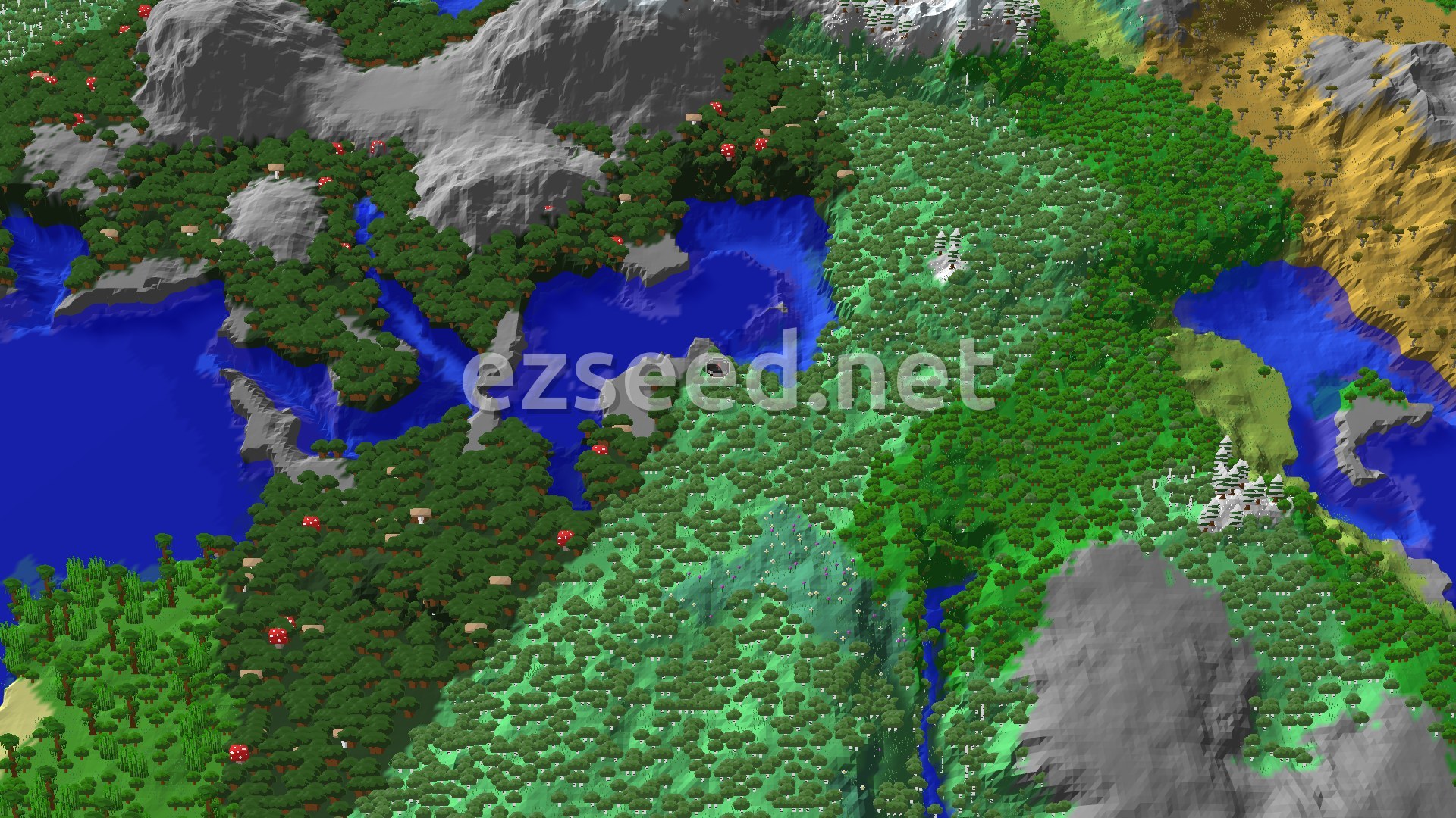 Aerial Minecraft seed map — Birch Forest Spawn with Nearby Ancient City