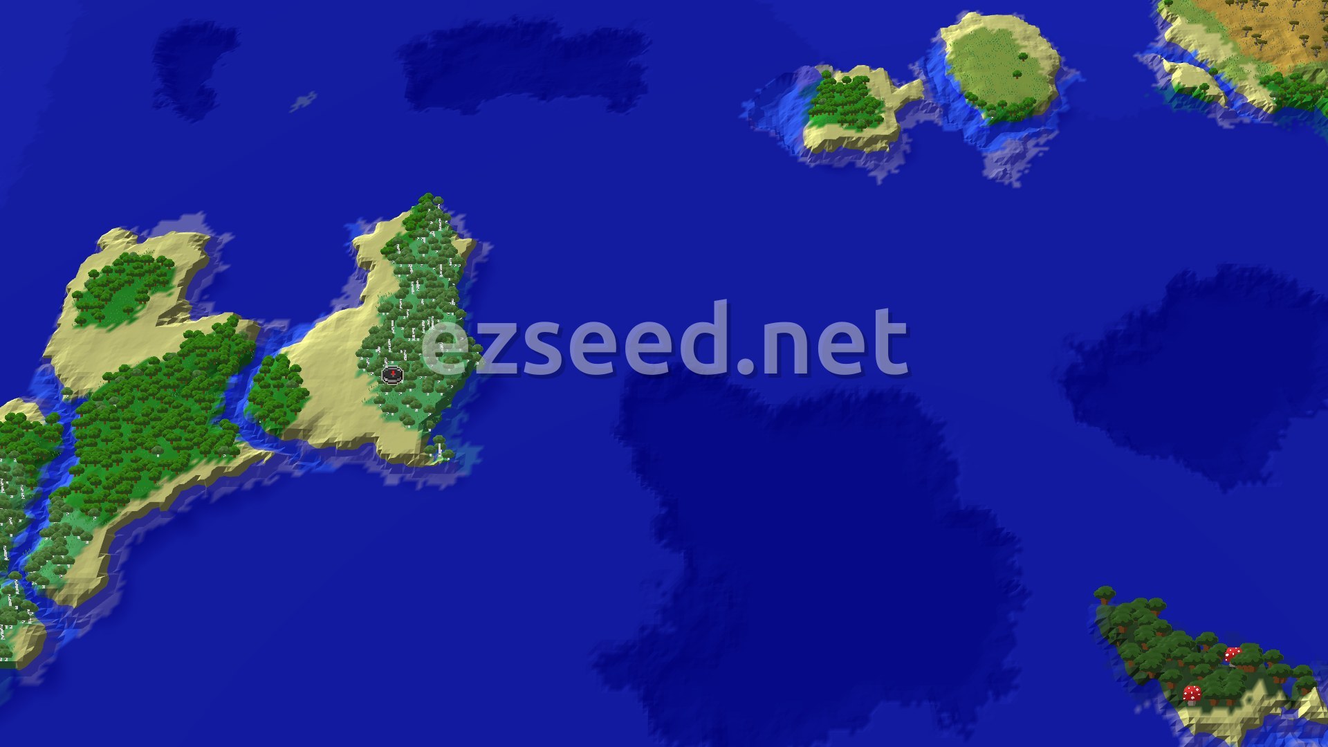 An overhead 3D view of a large island covered in light green birch trees and darker green forest trees, with a river cutting through a sandy beach area. The island is surrounded by deep blue ocean, and a small spawn marker is visible near the center of the birch forest.