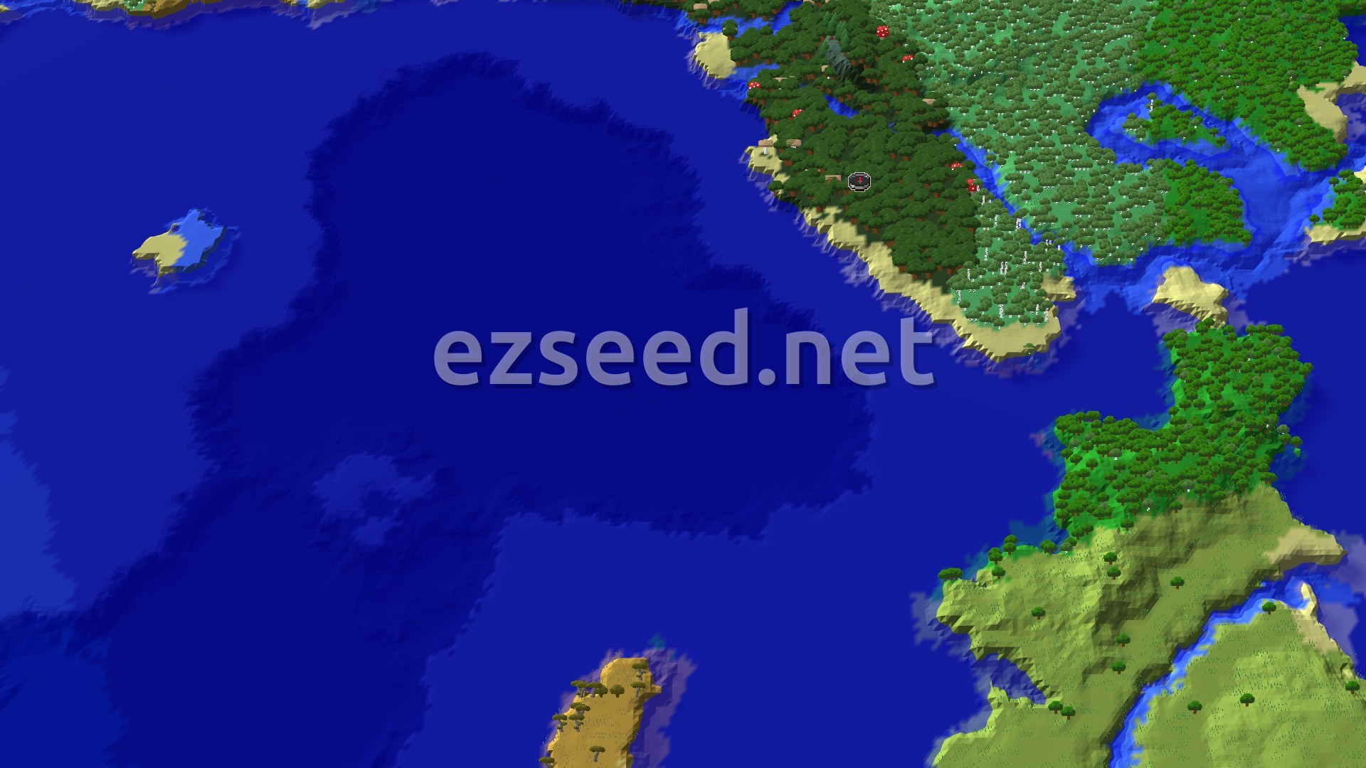 An overhead view of a large dark forest peninsula, with a spawn marker. The forest borders expansive oceans, featuring several small islands and a mix of beaches and rivers along the coast.
