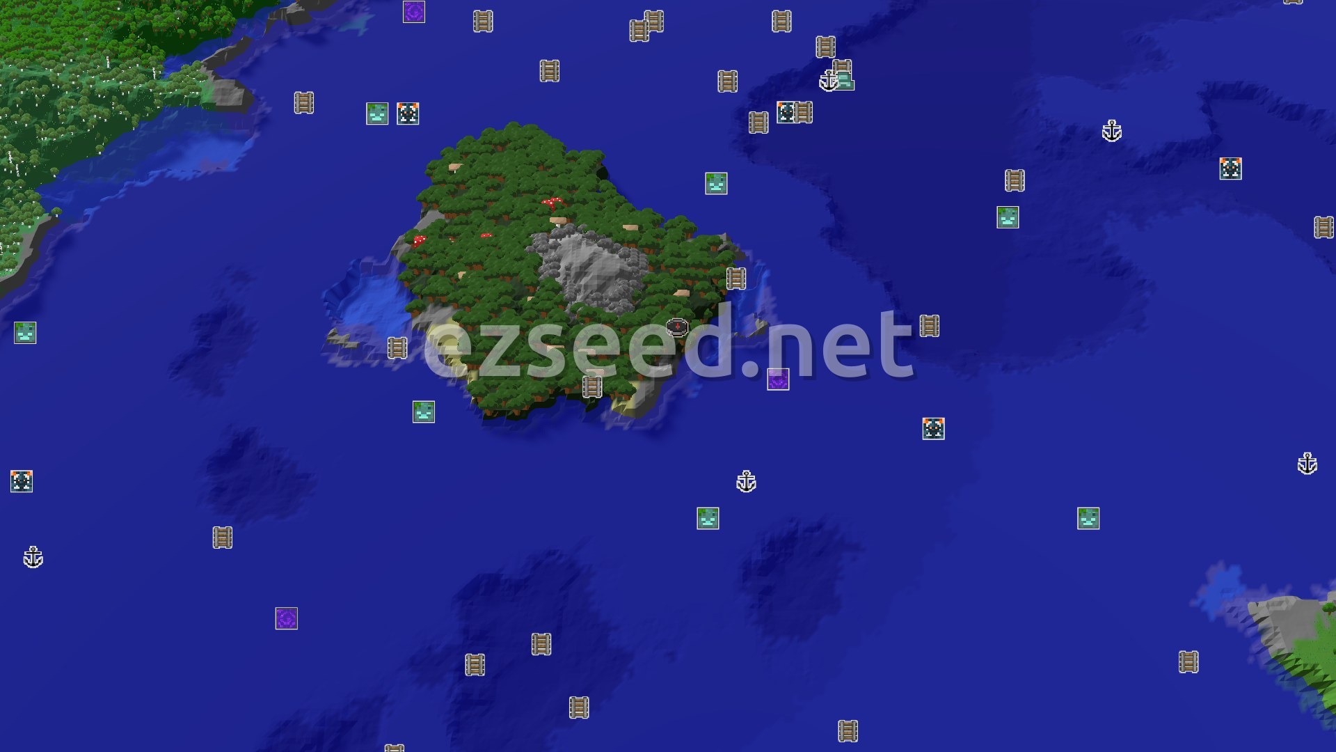 Aerial Minecraft seed map — Dark Forest Island with Nearby Trial Chambers
