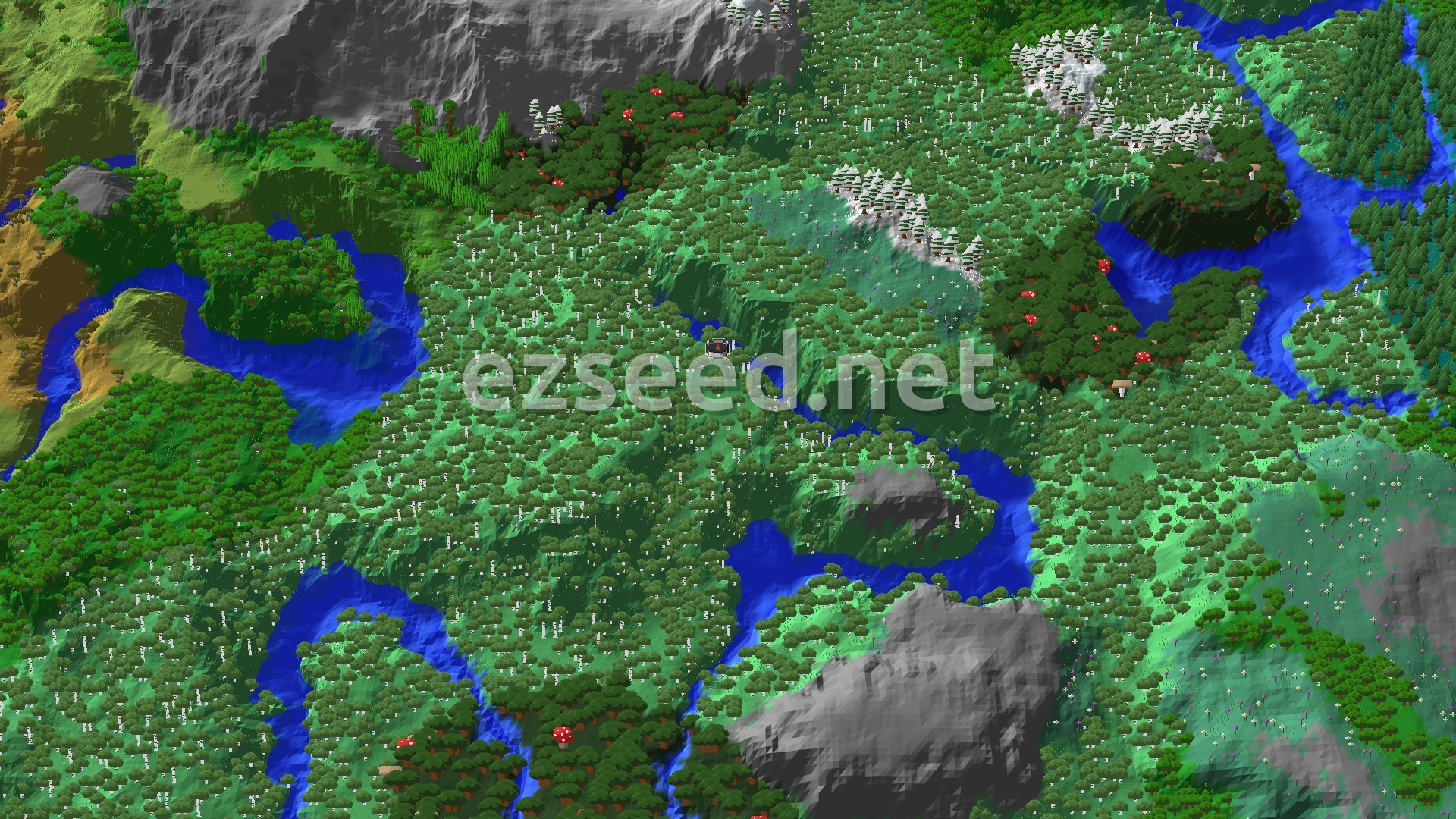 Aerial Minecraft seed map — Close Trial Chambers in a Varied Forest World
