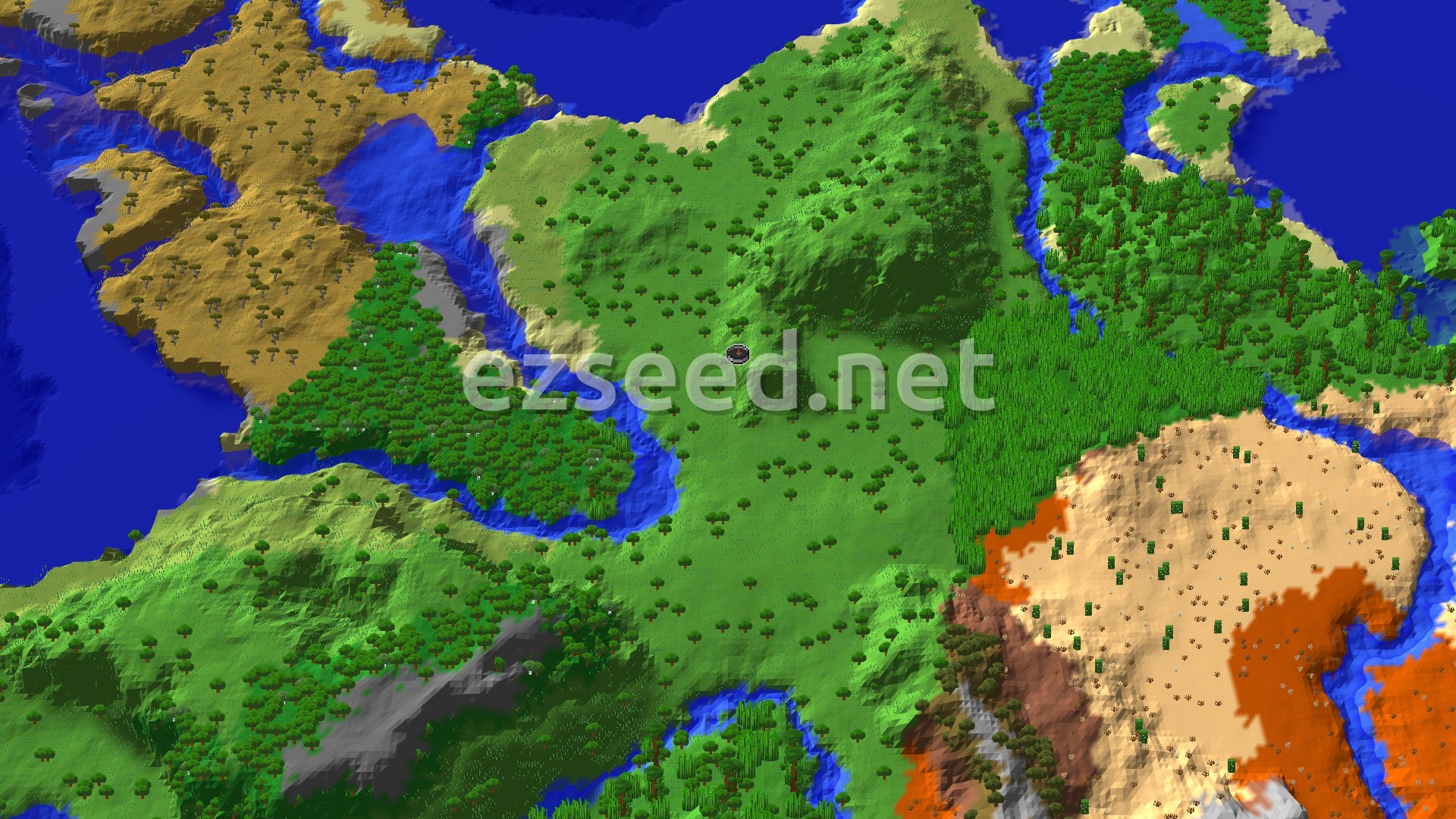 A bird's-eye view of a varied landscape, featuring a large expanse of green jungle, winding blue rivers, and distinct patches of sandy desert and badlands in the distance.