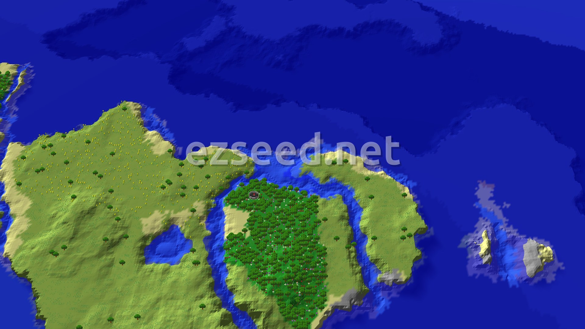 An overhead view of a large, green island covered in a dense forest at its center and lighter green plains with scattered trees around the edges, all surrounded by deep blue ocean. A small spawn marker is visible within the forest.