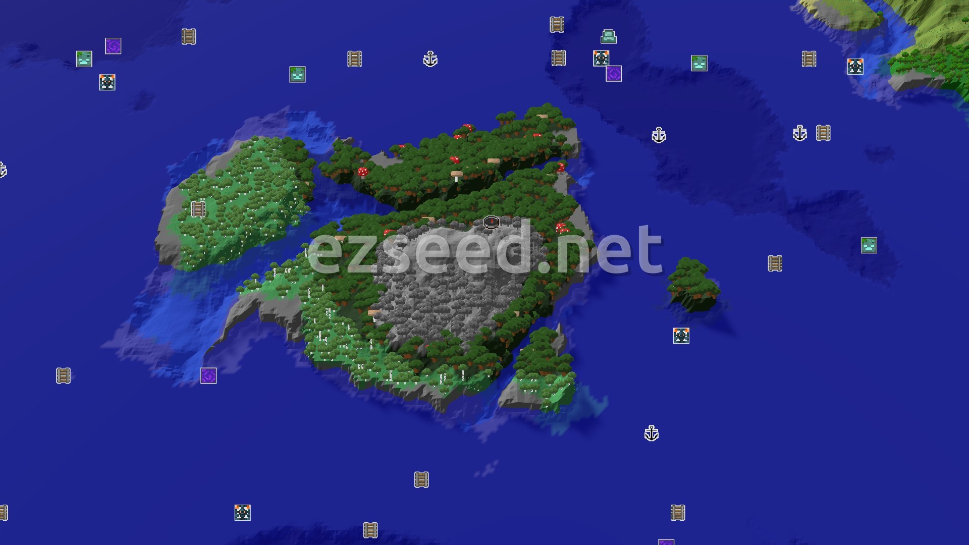 Aerial Minecraft seed map — Island Spawn with Close Trial Chambers