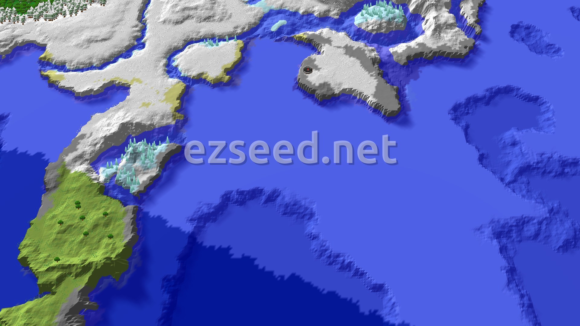 Aerial Minecraft seed map — Spawn in Snowy Plains with Ice Spikes Nearby