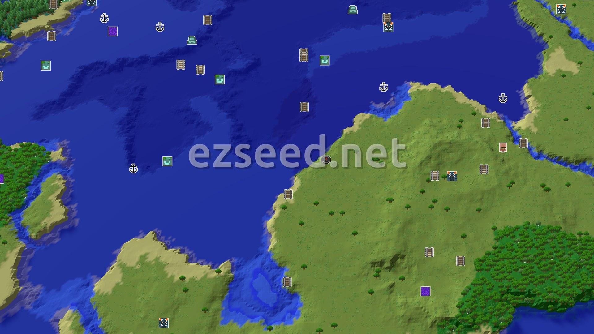 Aerial Minecraft seed map — A Modest Start with Hidden Underground Gems