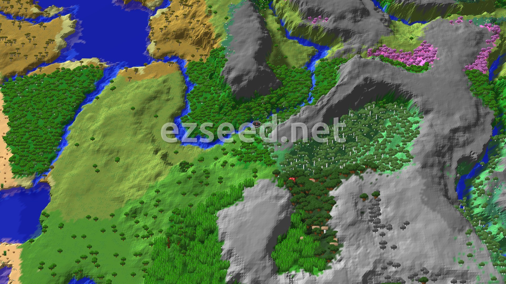 An aerial 3D view of a varied landscape, featuring dense green forests, winding blue rivers, patches of golden savanna, and gray mountain ranges, with a small spawn marker in a birch forest.
