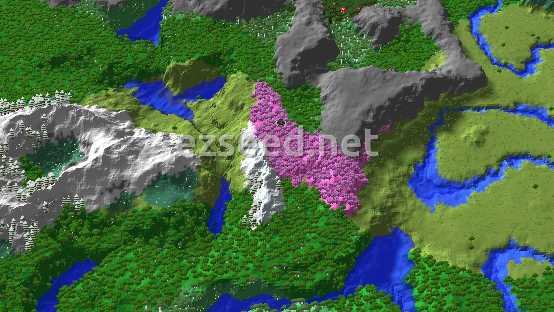 Aerial Minecraft seed map — Spawn in a Cherry Grove, Ancient City nearby