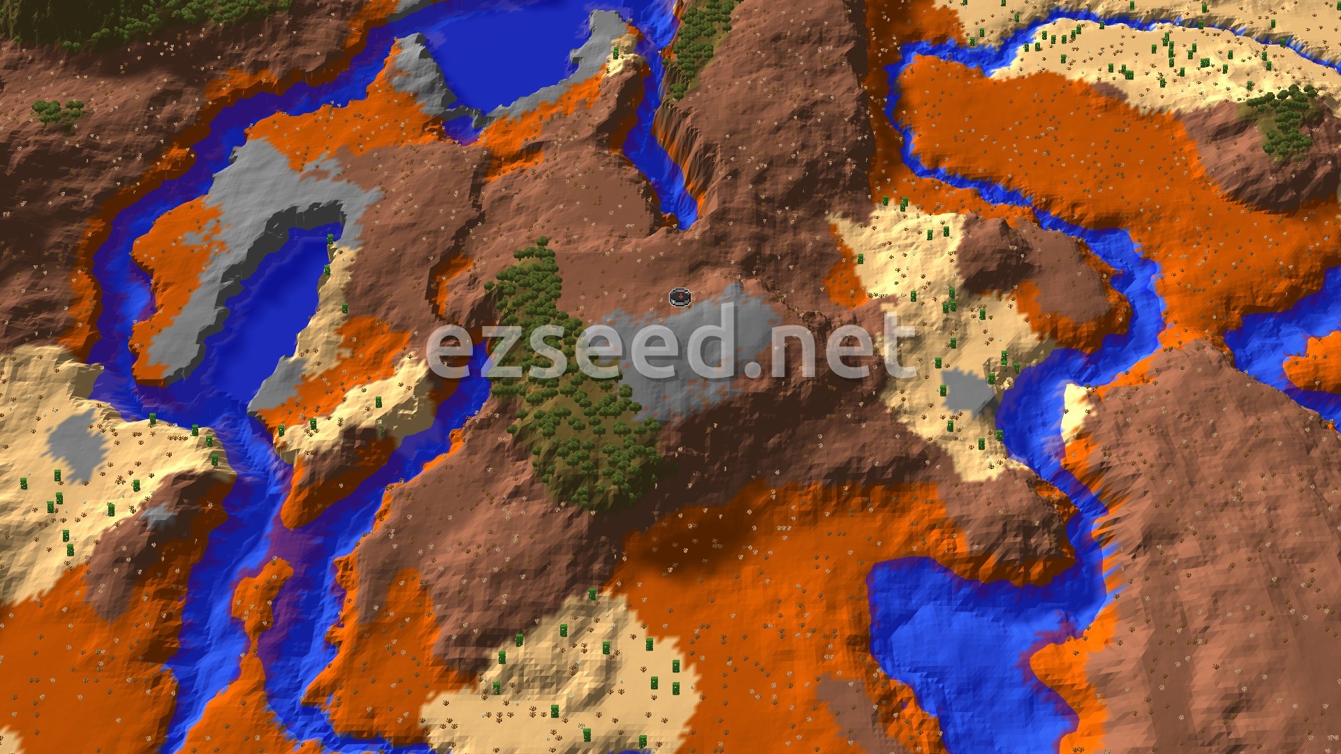 An overhead view of a Minecraft landscape featuring a mix of orange and brown badlands, sandy desert, green patches of trees, and blue rivers.