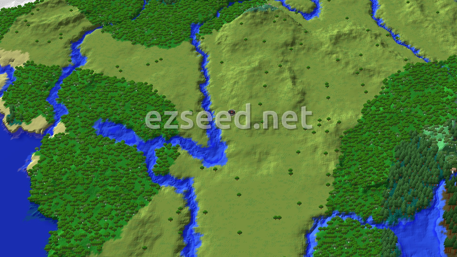 Aerial Minecraft seed map — Village with Woodland Mansion Nearby