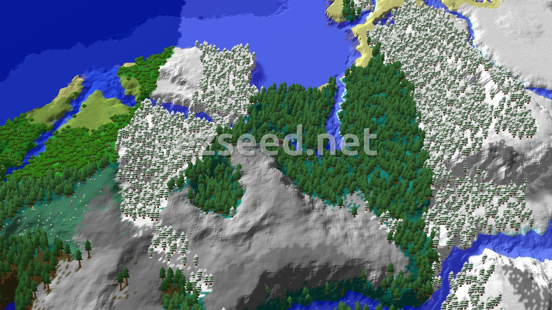 Aerial Minecraft seed map — Frozen Taiga Island with a Nearby Ancient City