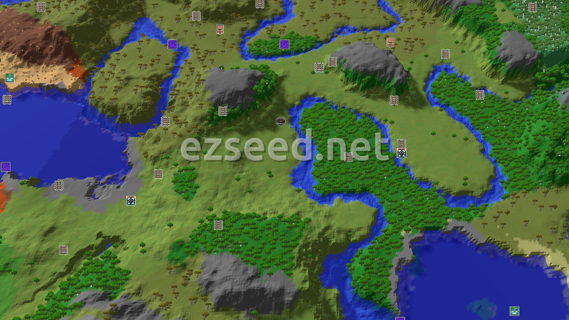 Aerial Minecraft seed map — A Modest Start with Hidden Wonders Nearby
