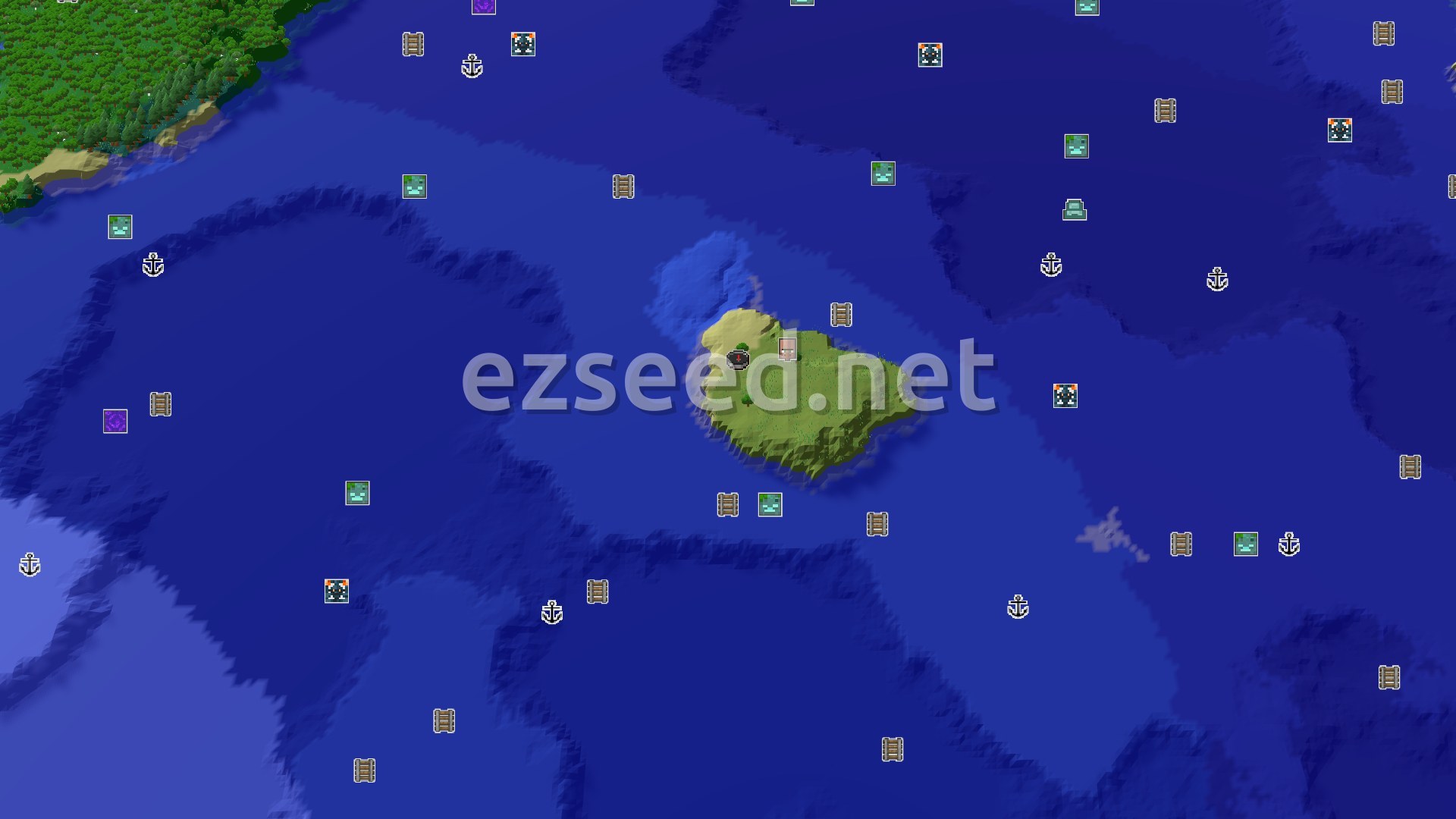 Aerial Minecraft seed map — Island Spawn with Nearby Village and Ocean Adventures