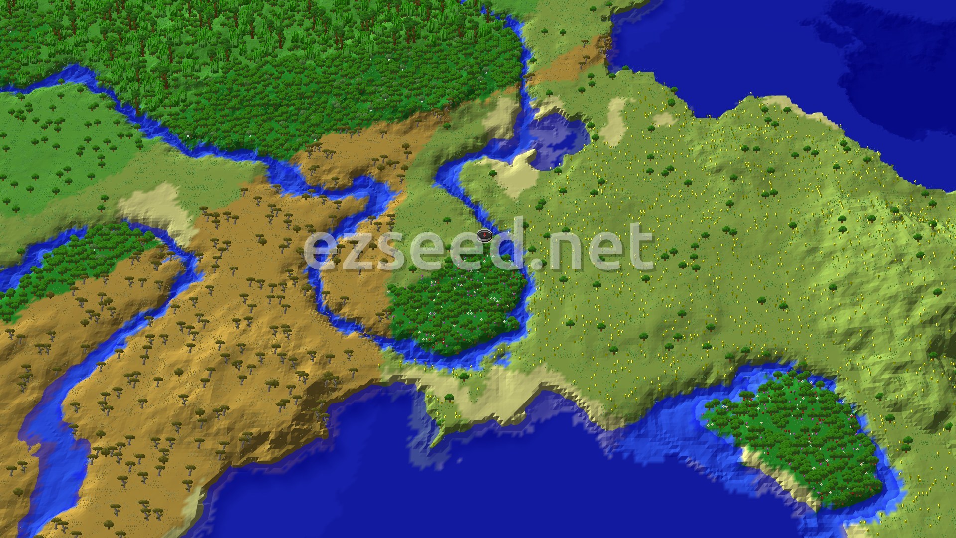 An aerial view of a Minecraft landscape showing a central Flower Forest biome surrounded by lighter green plains, a winding blue river, and a large brown savanna to the west.