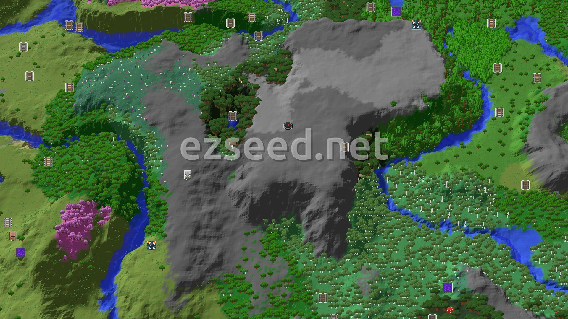 Aerial Minecraft seed map — A Dark Forest Spawn with Nearby Cherry Grove and Jungle