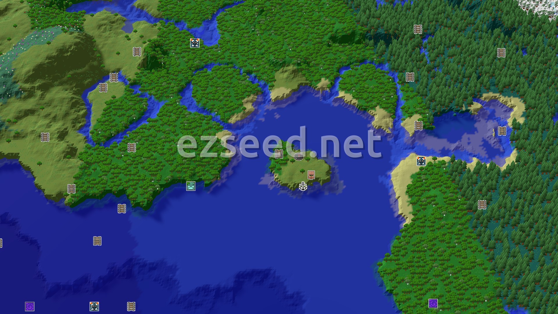 Aerial Minecraft seed map — A Modest Start with Close Underground Loot and a Coastal Village