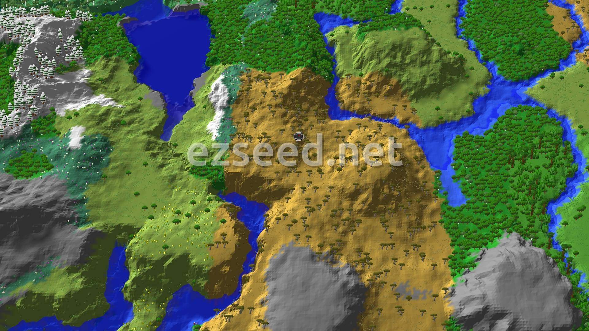 Aerial Minecraft seed map — Savanna Plateau Spawn with Distant Ancient City
