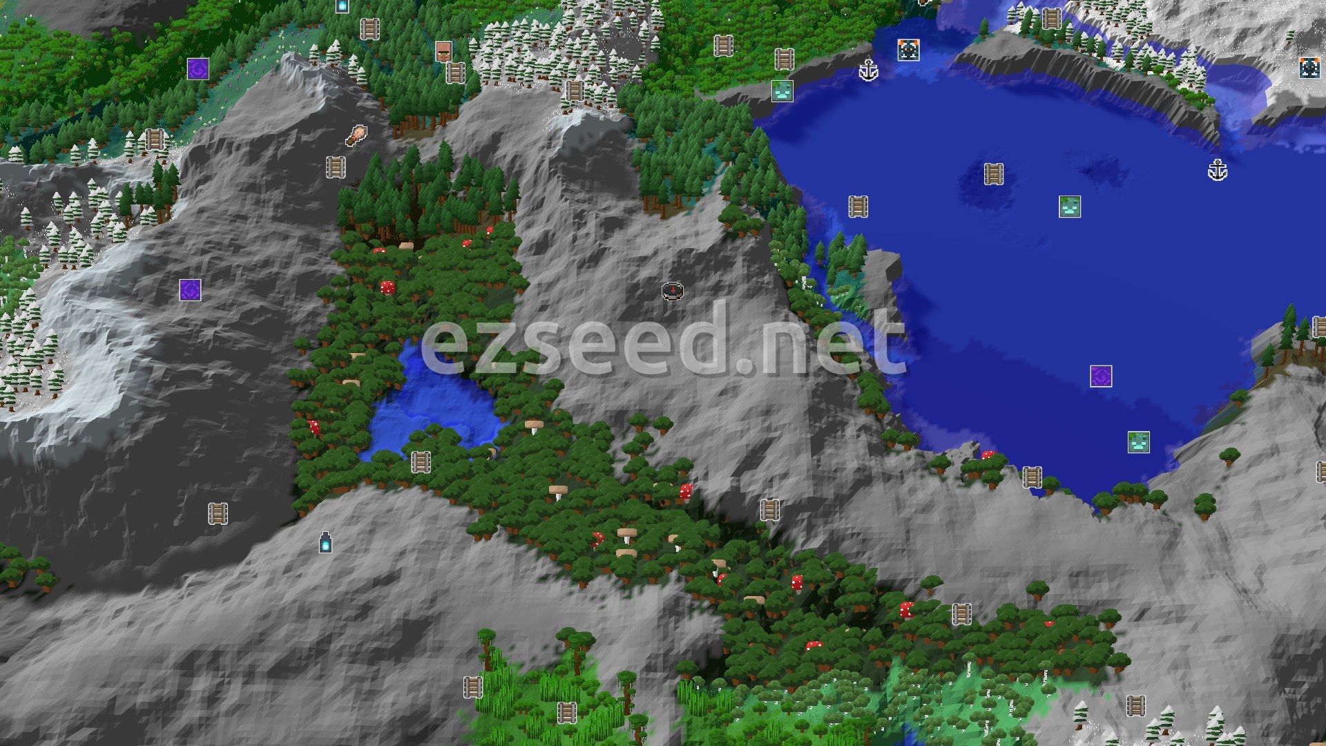 Aerial Minecraft seed map — Spawn in a Dark Forest with Nearby Snowy Peaks and Jungles