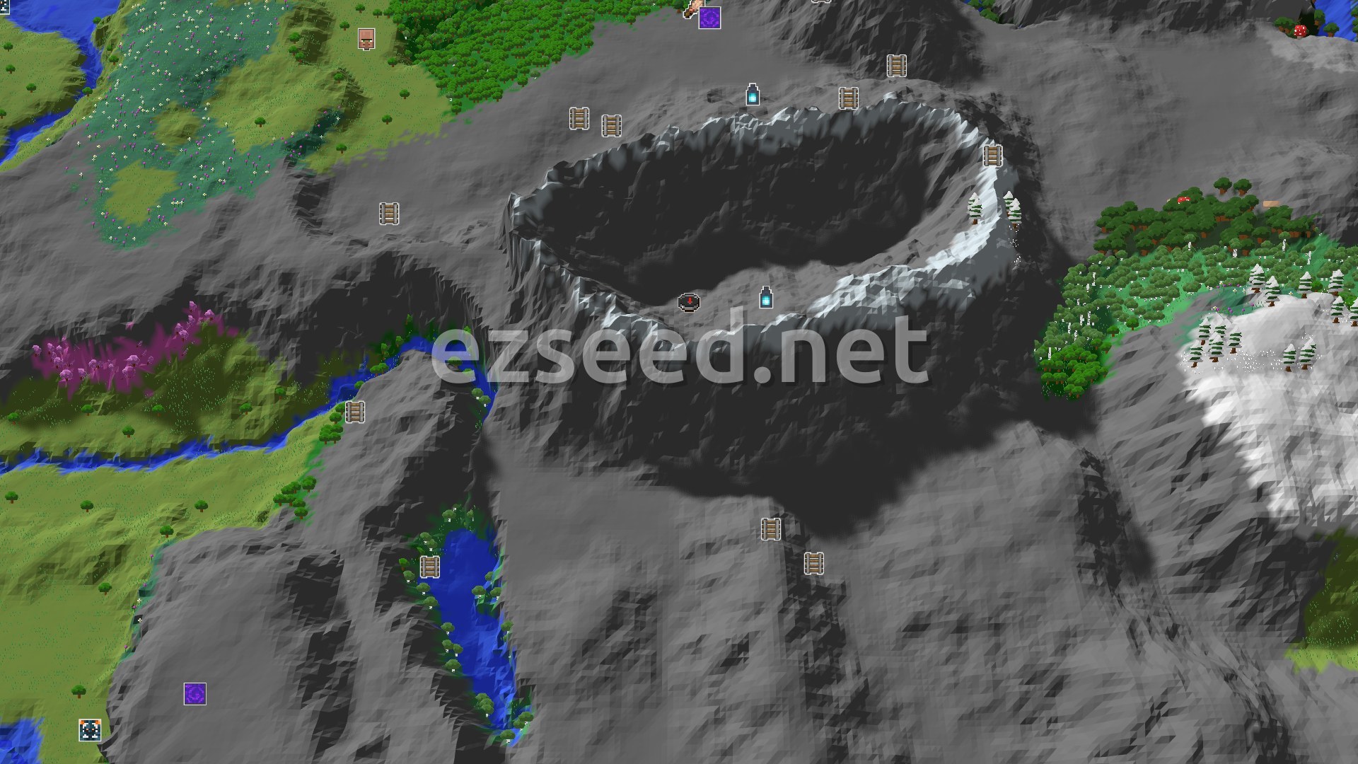 Aerial Minecraft seed map — Pale Garden Spawn with Nearby Ancient City and Mountains